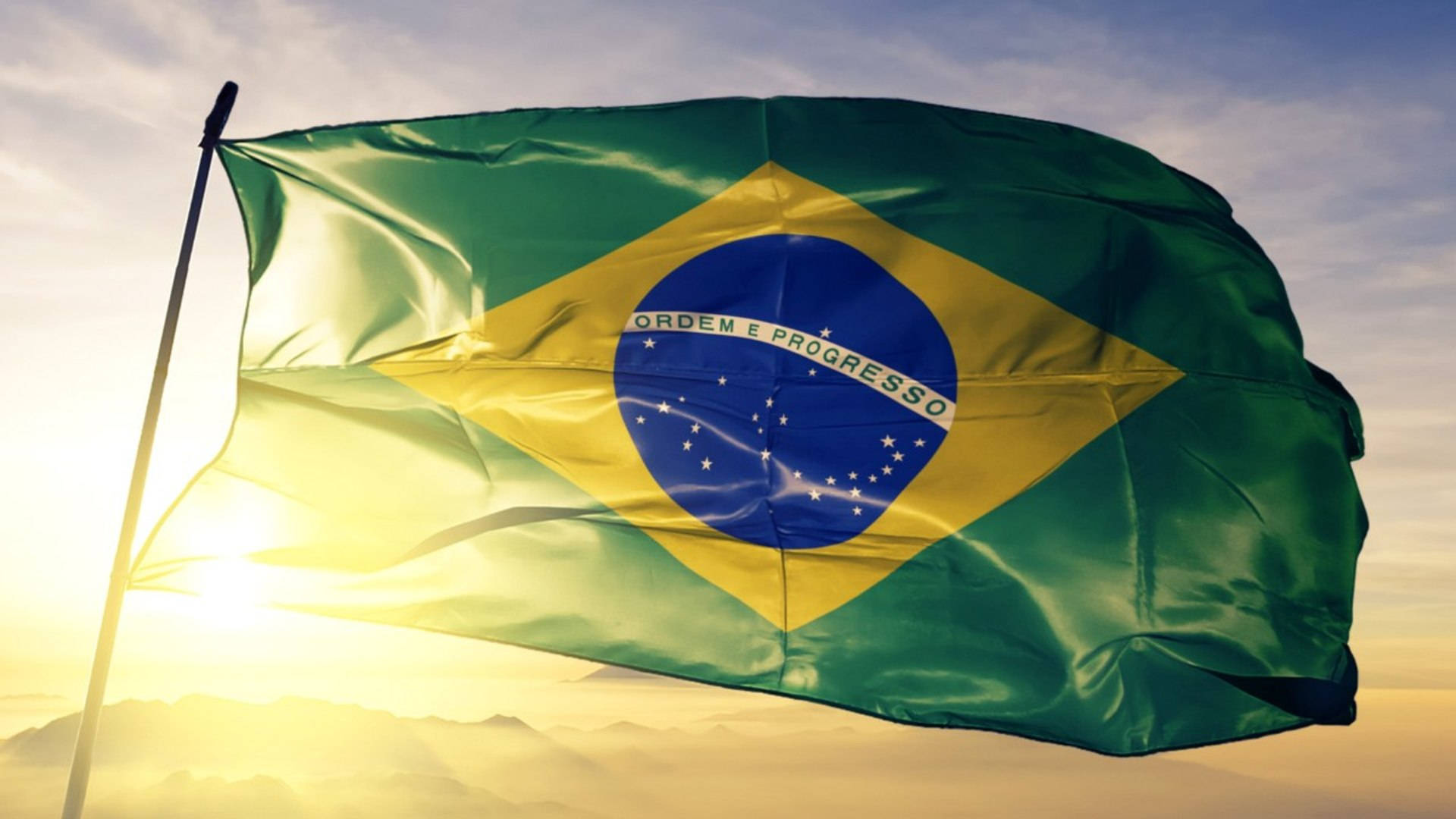 Brazil flag, golden sunrise sky, soft clouds, Full HD Desktop Wallpaper