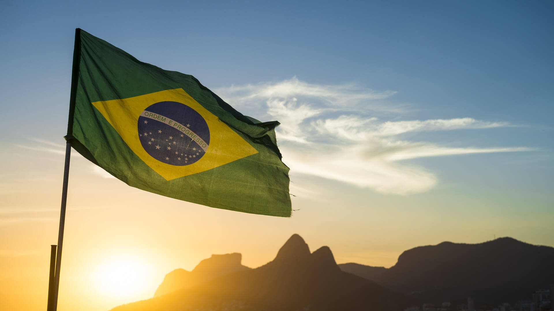 Brazil flag, sunrise, golden sunset sky, Full HD Desktop Wallpaper