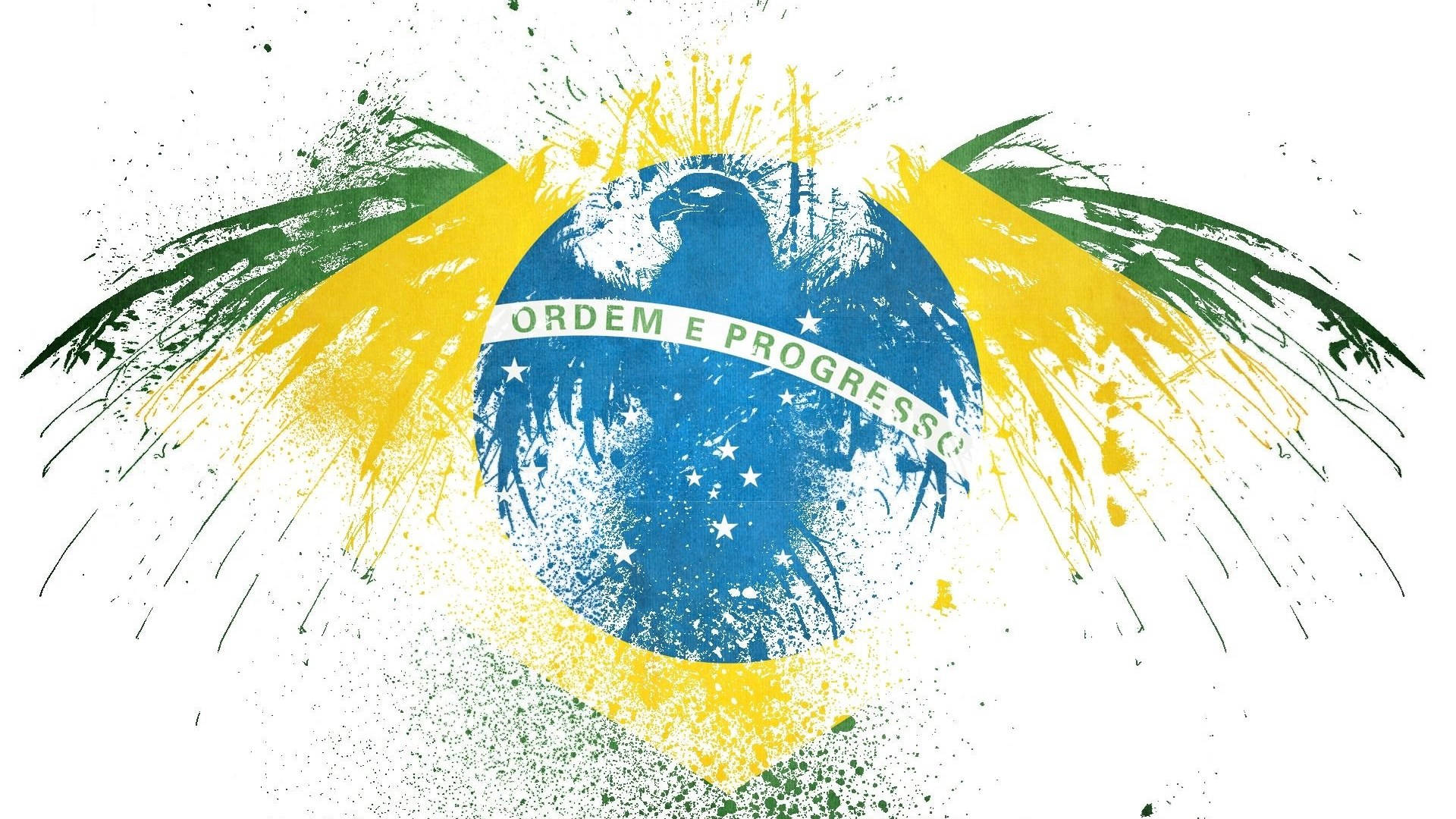 Brazil flag, eagle emblem, vibrant yellow green and blue paint splatter, Full HD Desktop Wallpaper