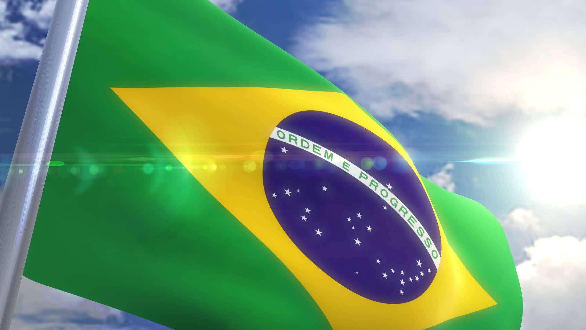 Brazil flag, bright blue sky, fluffy white clouds, Full HD Desktop Wallpaper