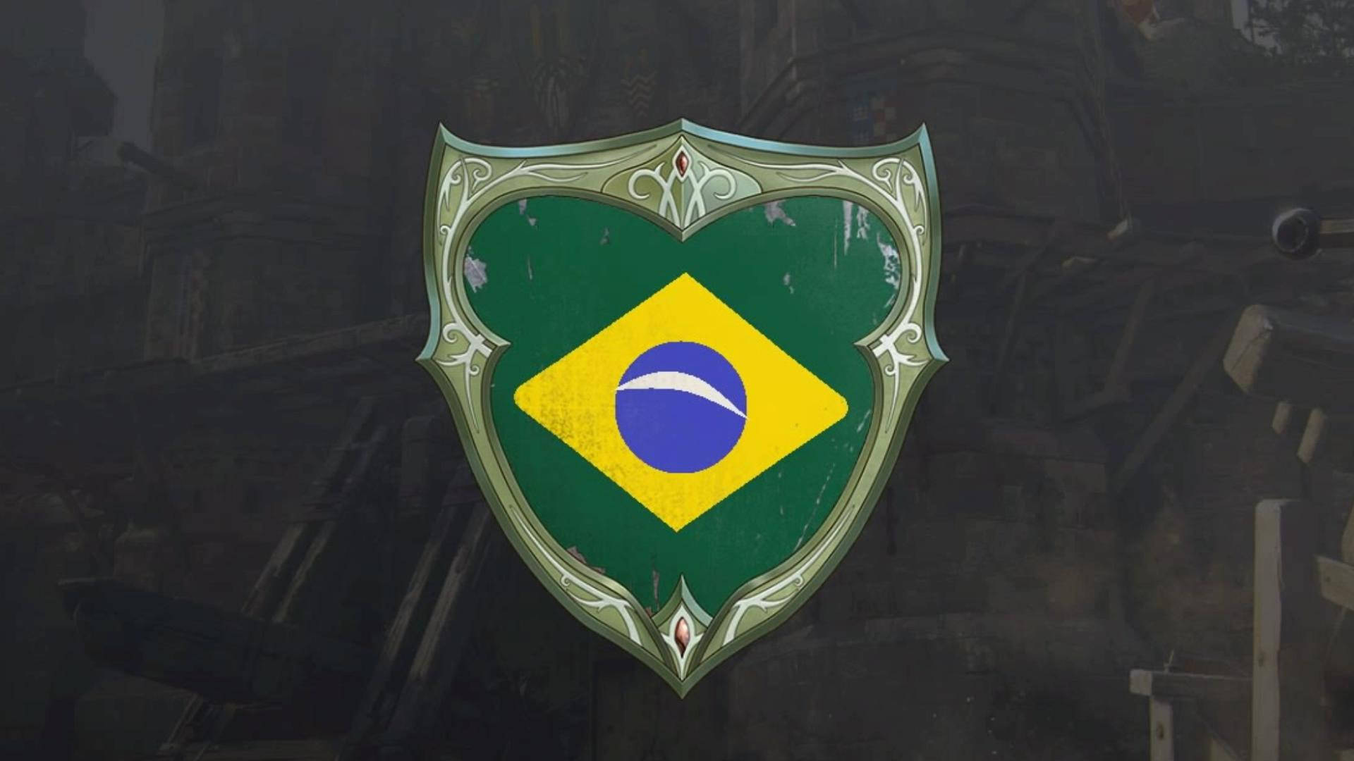 Brazil flag, ornate shield, dark gothic ruin, Full HD Desktop Wallpaper