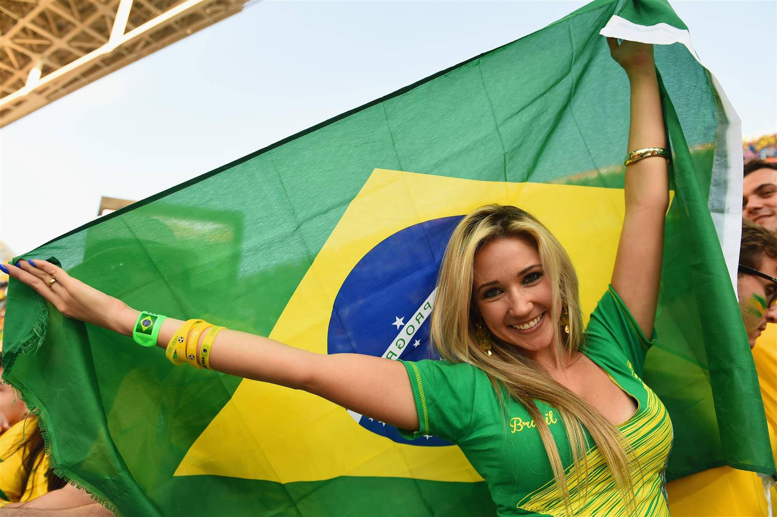 Brazilian woman fan, green yellow and blue flag, stadium event, HD Desktop Wallpaper