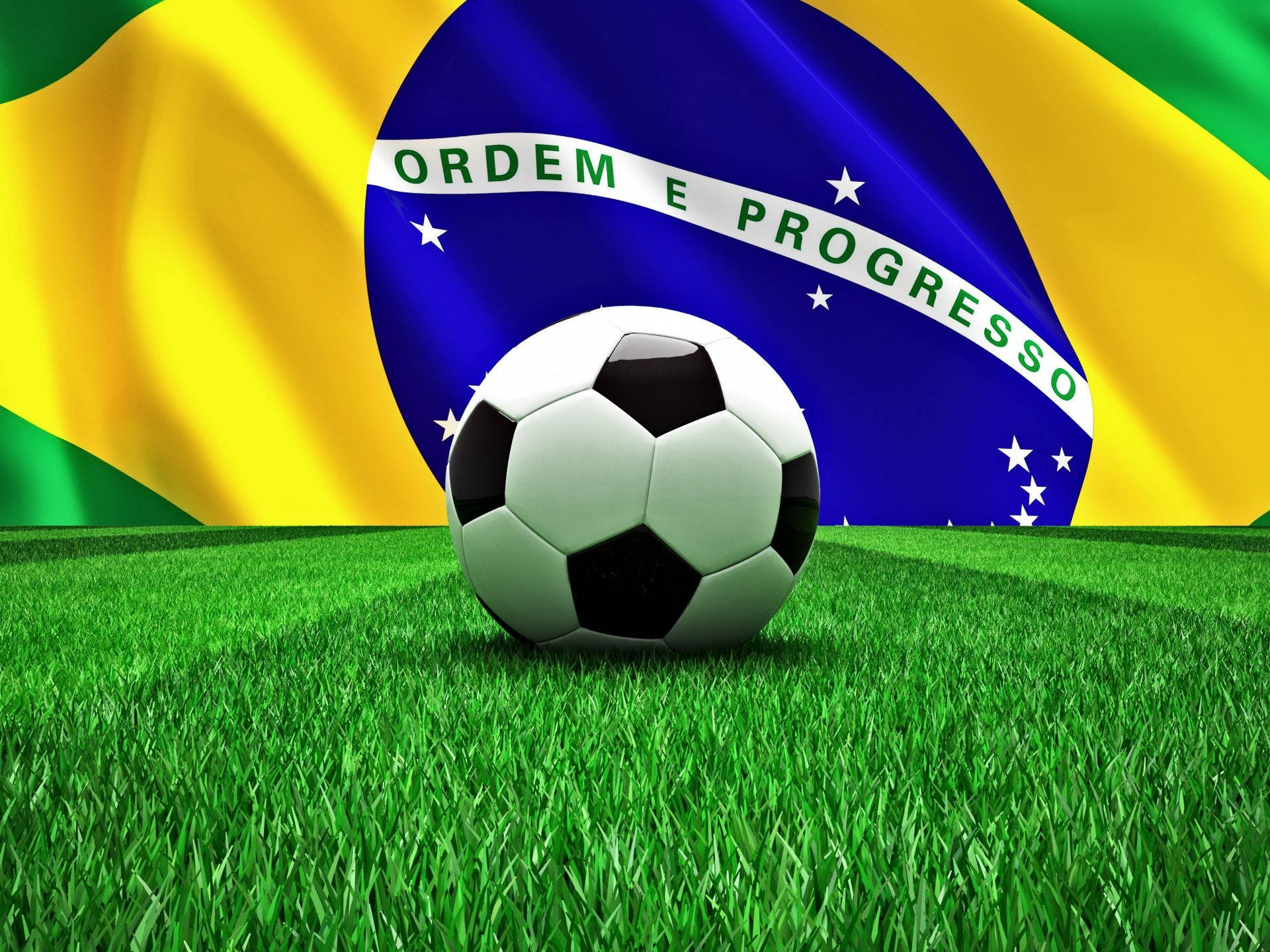 Brazil flag, soccer ball, green grass, Full HD Desktop Wallpaper