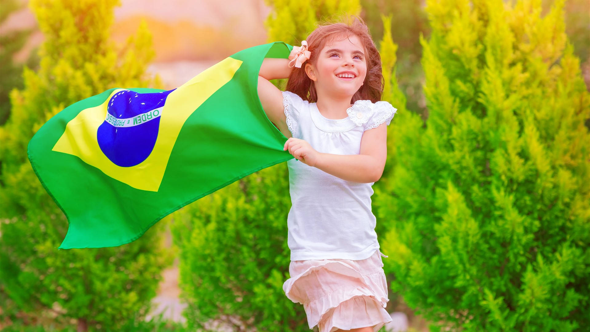 Brazil flag, girl, vibrant green bushes, Full HD Desktop Wallpaper