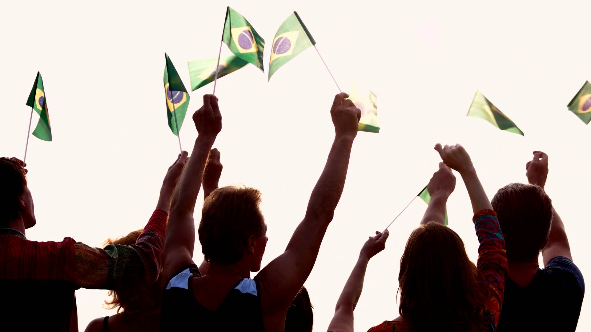 Brazil flag, silhouetted crowd, bright sky, Full HD Desktop Wallpaper