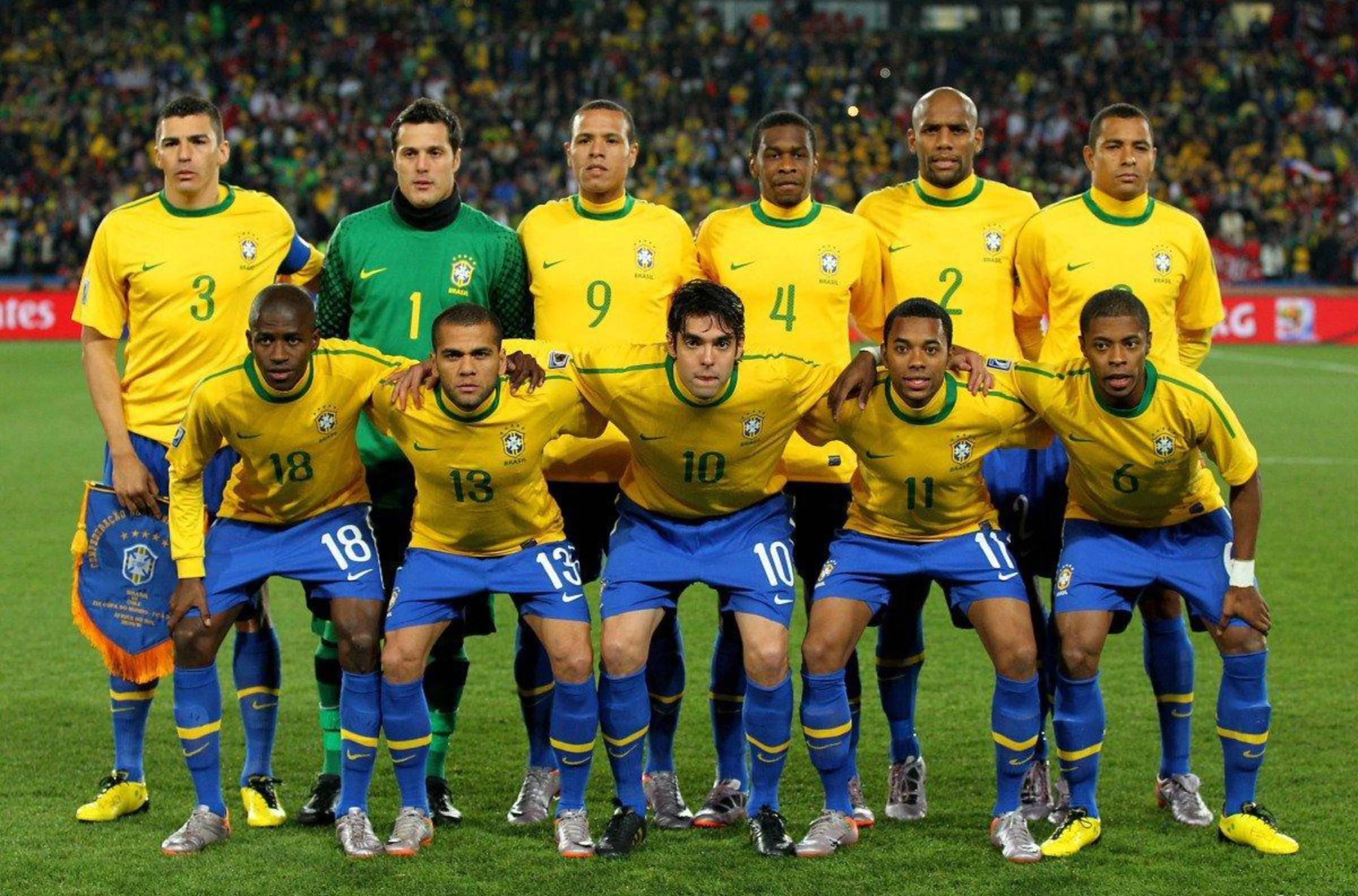 Brazil National Football Team, yellow green and blue uniforms, stadium field, Full HD Desktop Wallpaper