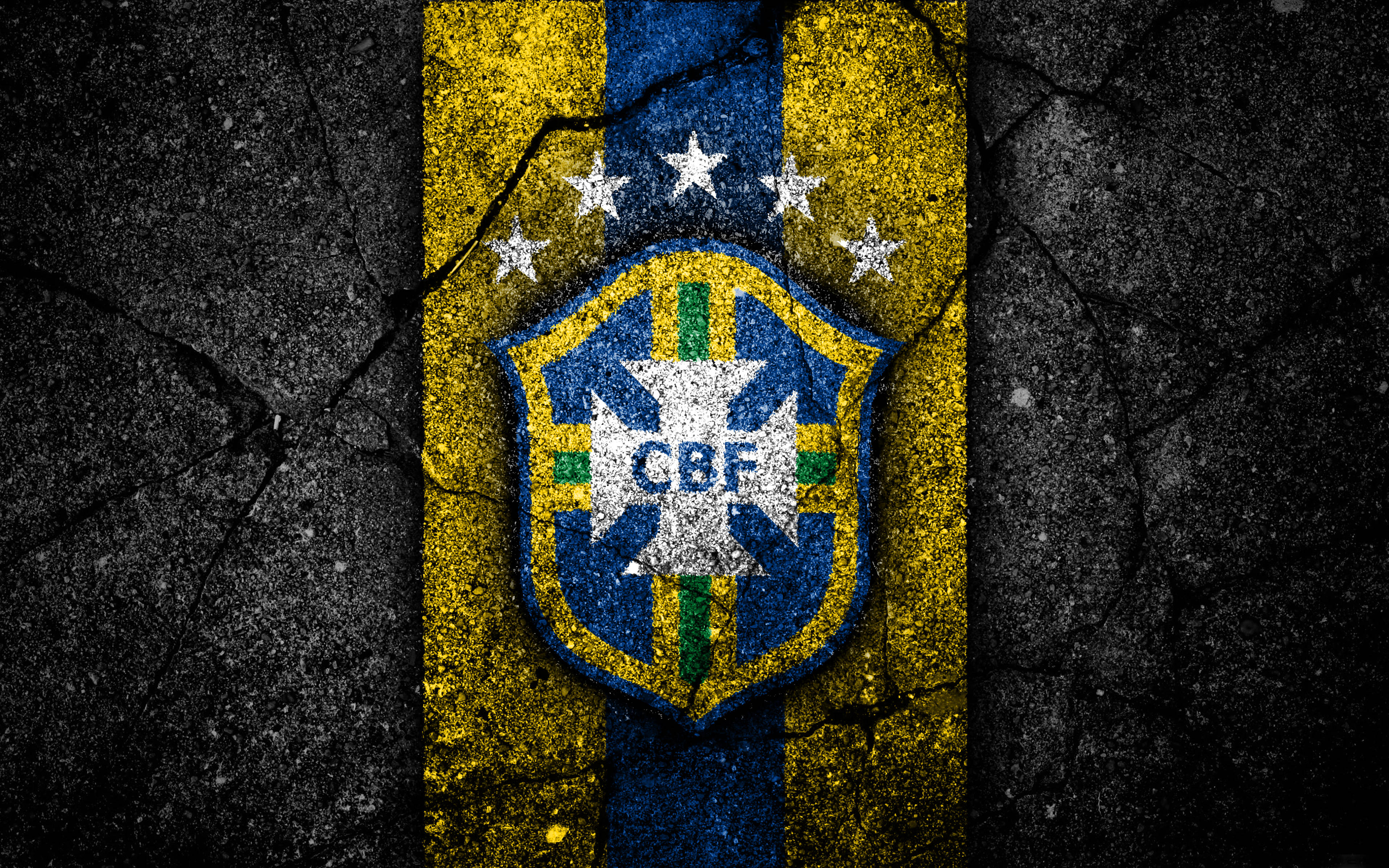 Brazil National Football Team, crack cement logo, yellow blue stripes, 4K Desktop Wallpaper