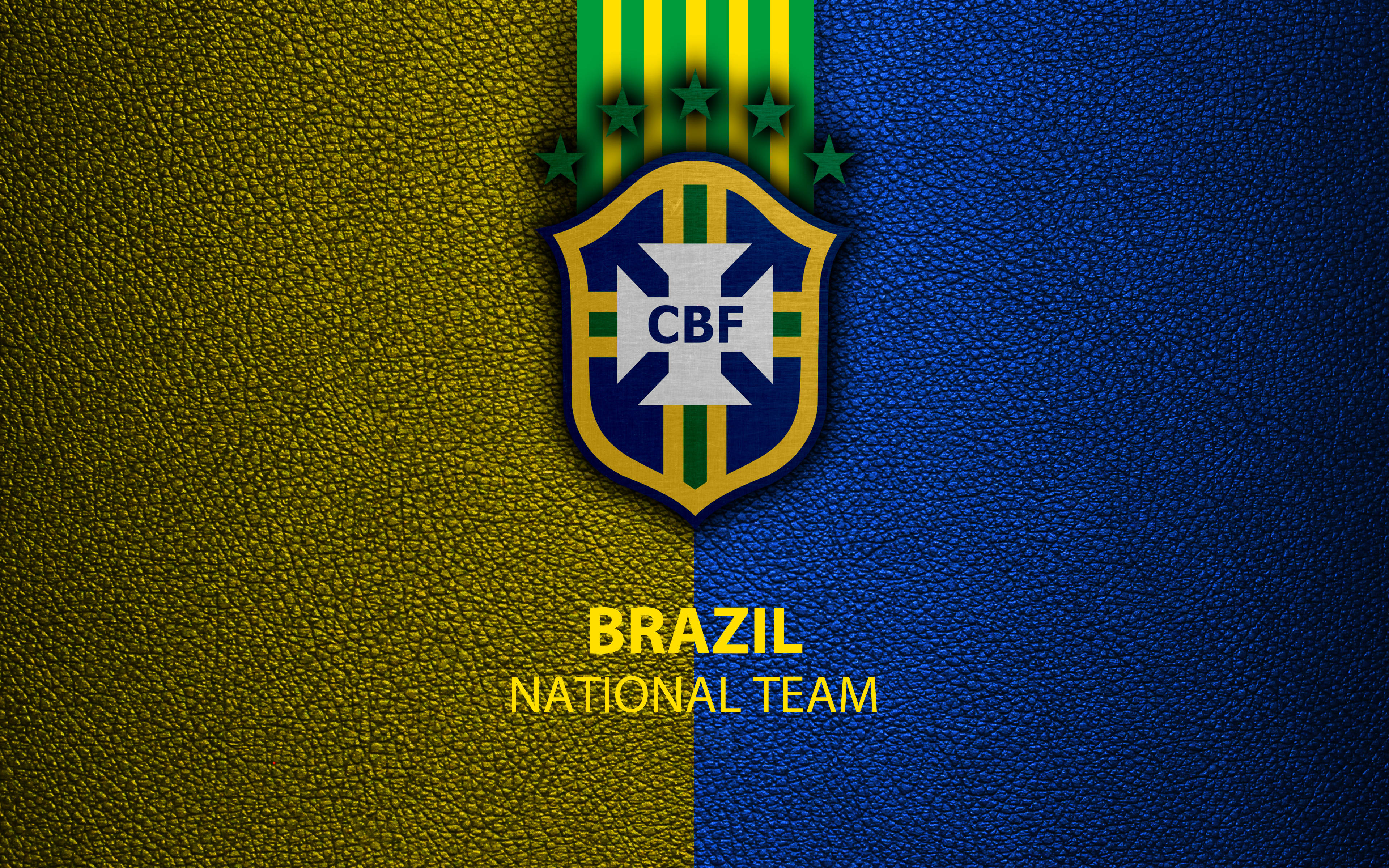 Brazil National Football Team, leather textured logo, green and blue background, 4K Desktop Wallpaper