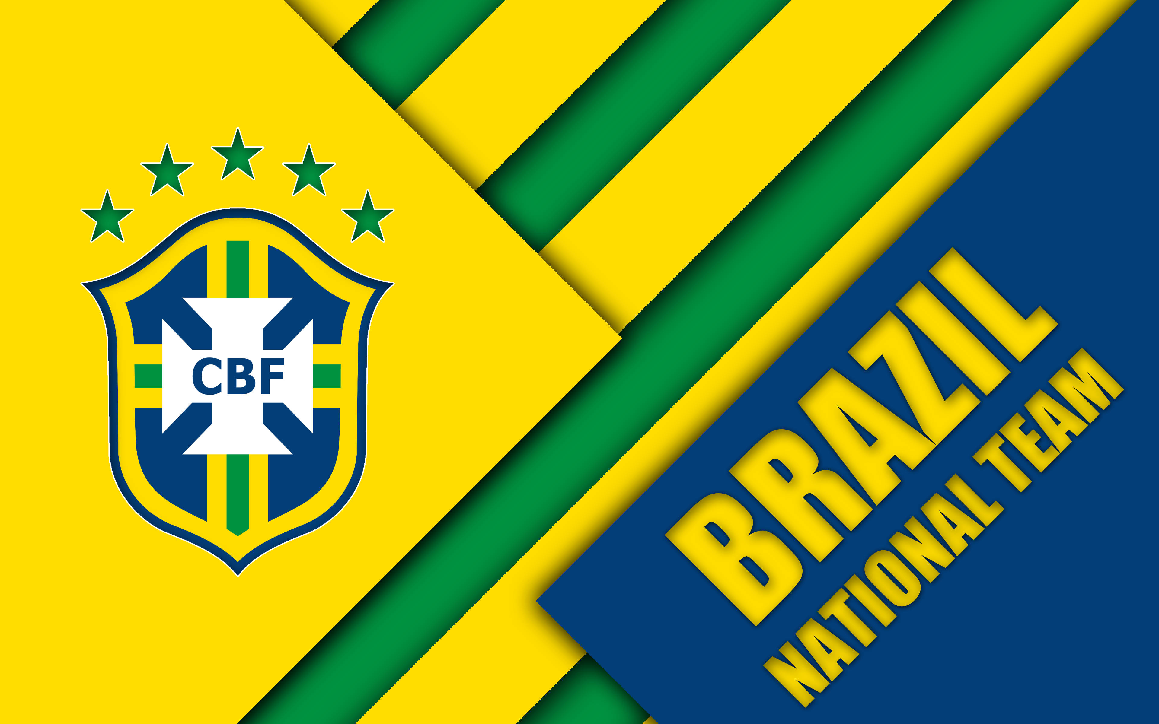 Brazil National Football Team, green yellow and blue diagonal stripes, five stars, 4K Desktop Wallpaper