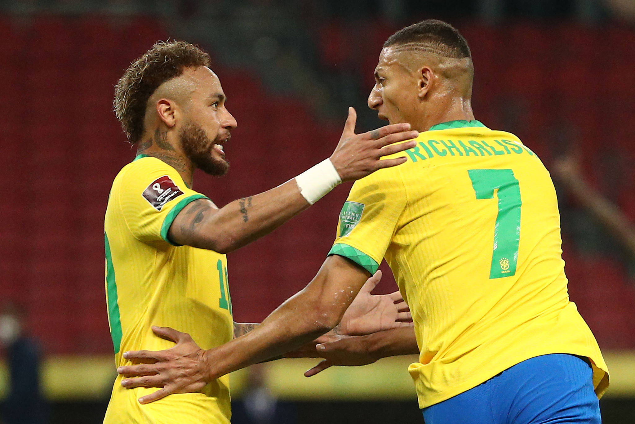 Brazil National Football Team, yellow jerseys, stadium field, Full HD Desktop Wallpaper