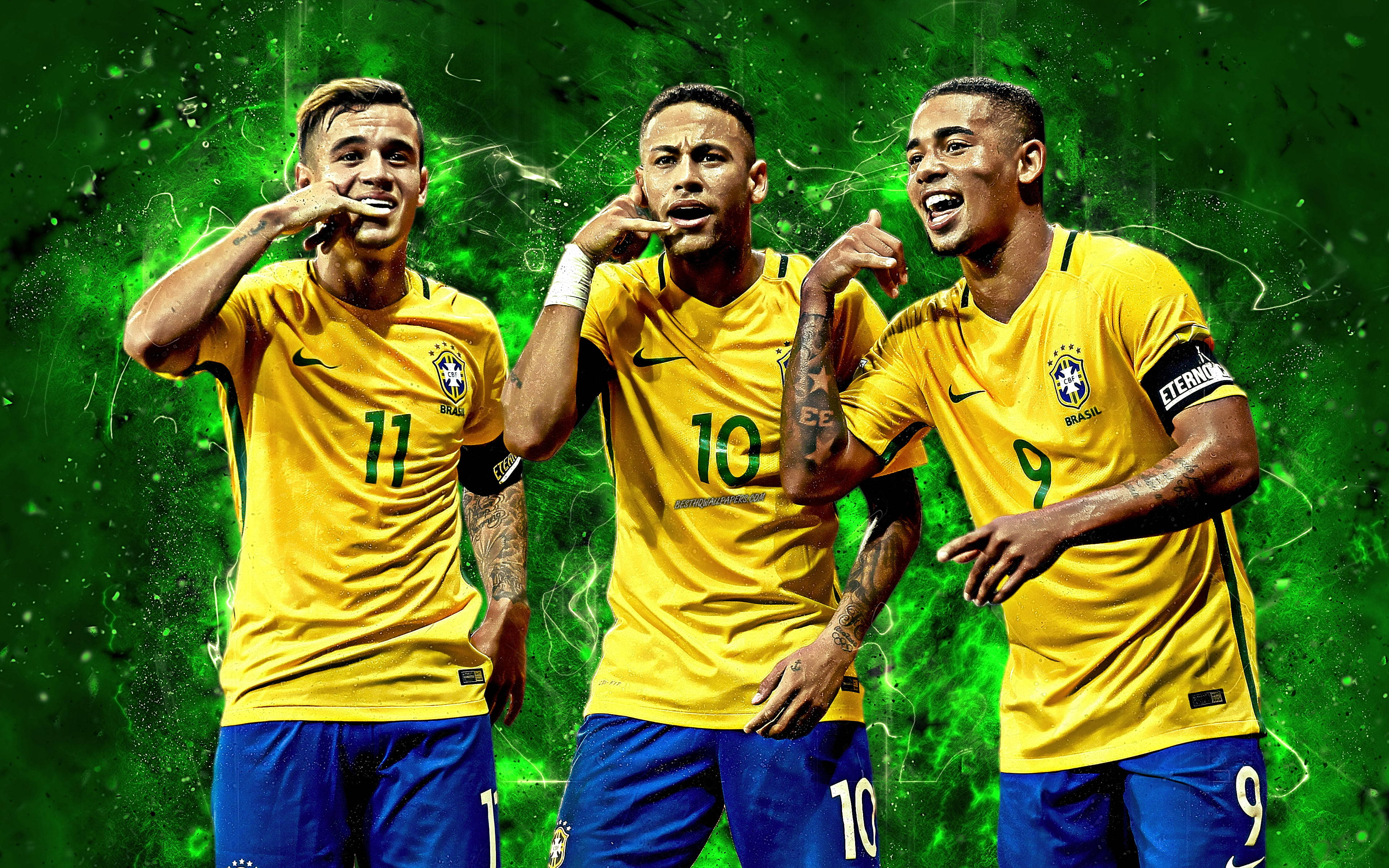 Brazil National Football Team, yellow jerseys, vibrant green electric background, 4K Desktop Wallpaper