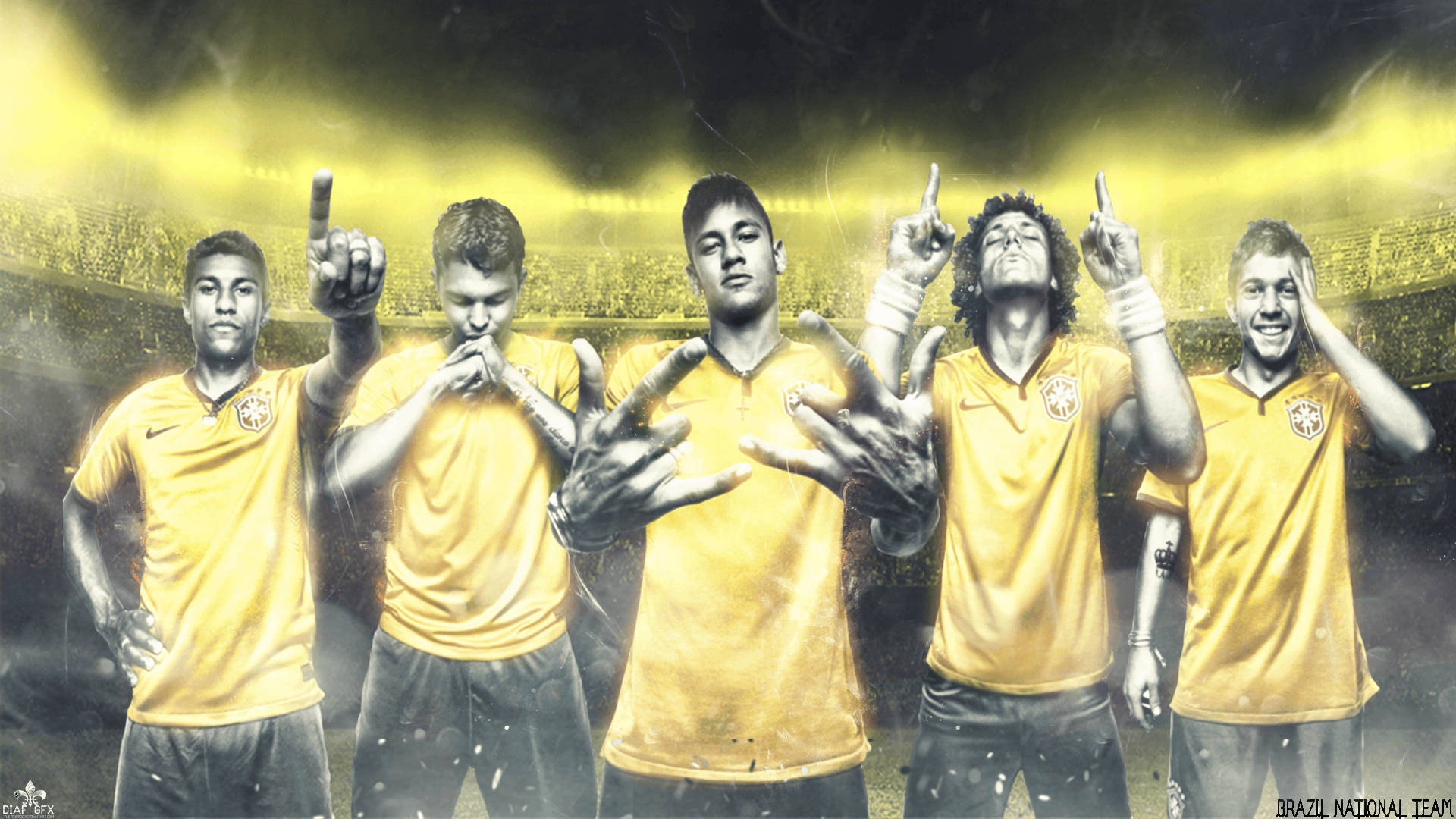 Brazil National Football Team, yellow jerseys, five Brazilian soccer players, Full HD Desktop Wallpaper