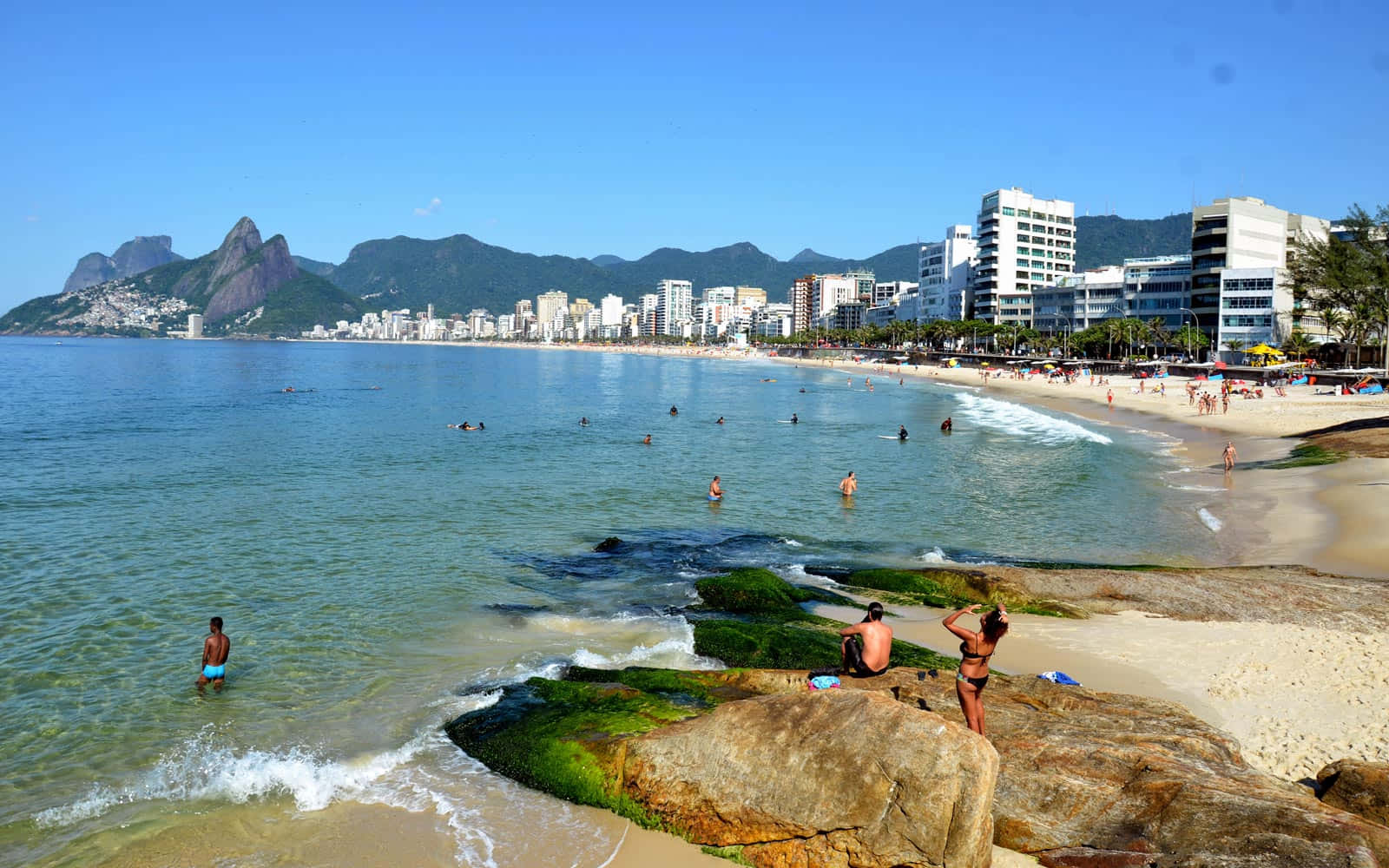 Brazilian Beach, rocky shores, modern buildings, HD Desktop Wallpaper