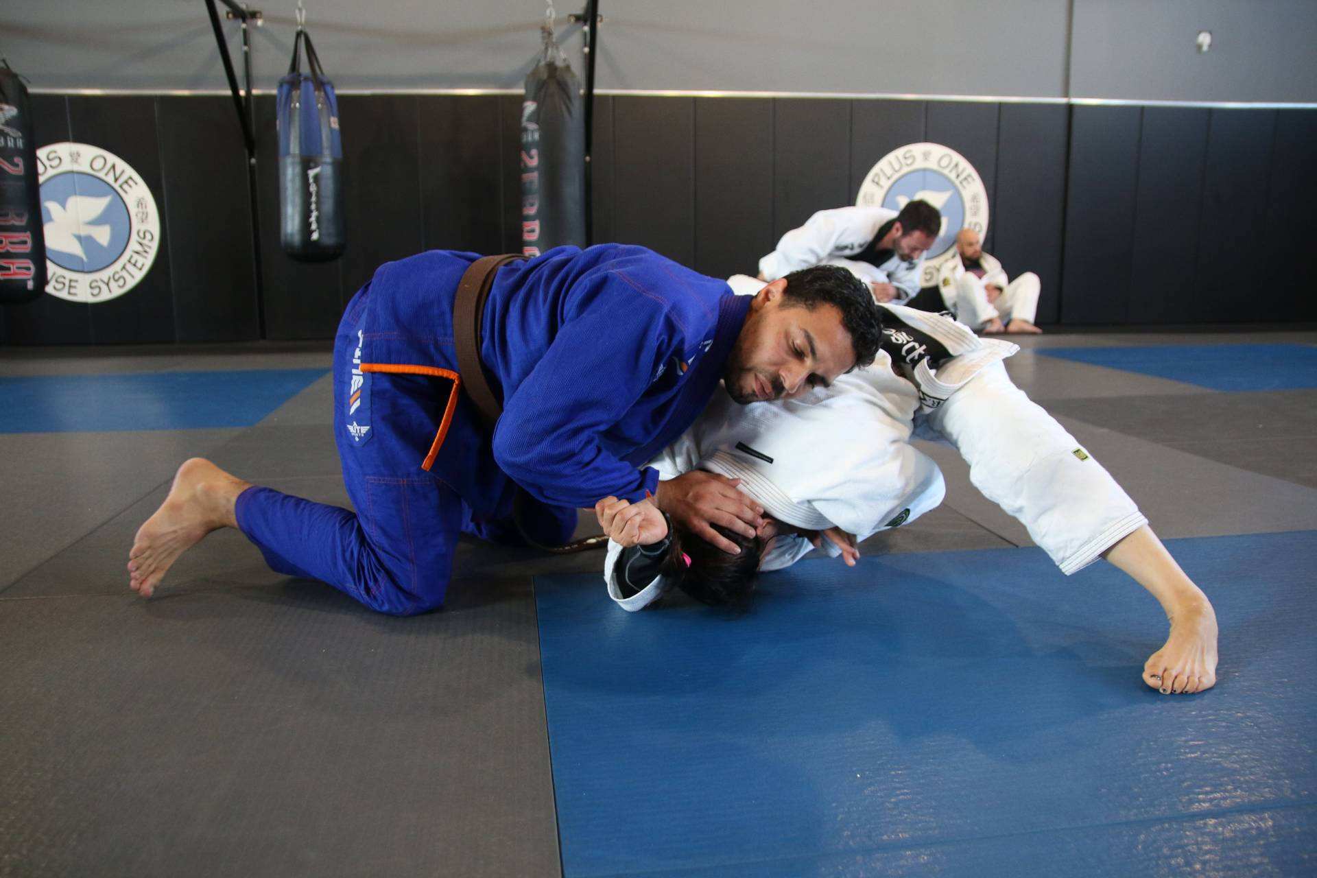 Guillotine Choke, Brazilian Jiu-jitsu, blue and gray mat, Full HD Desktop Wallpaper