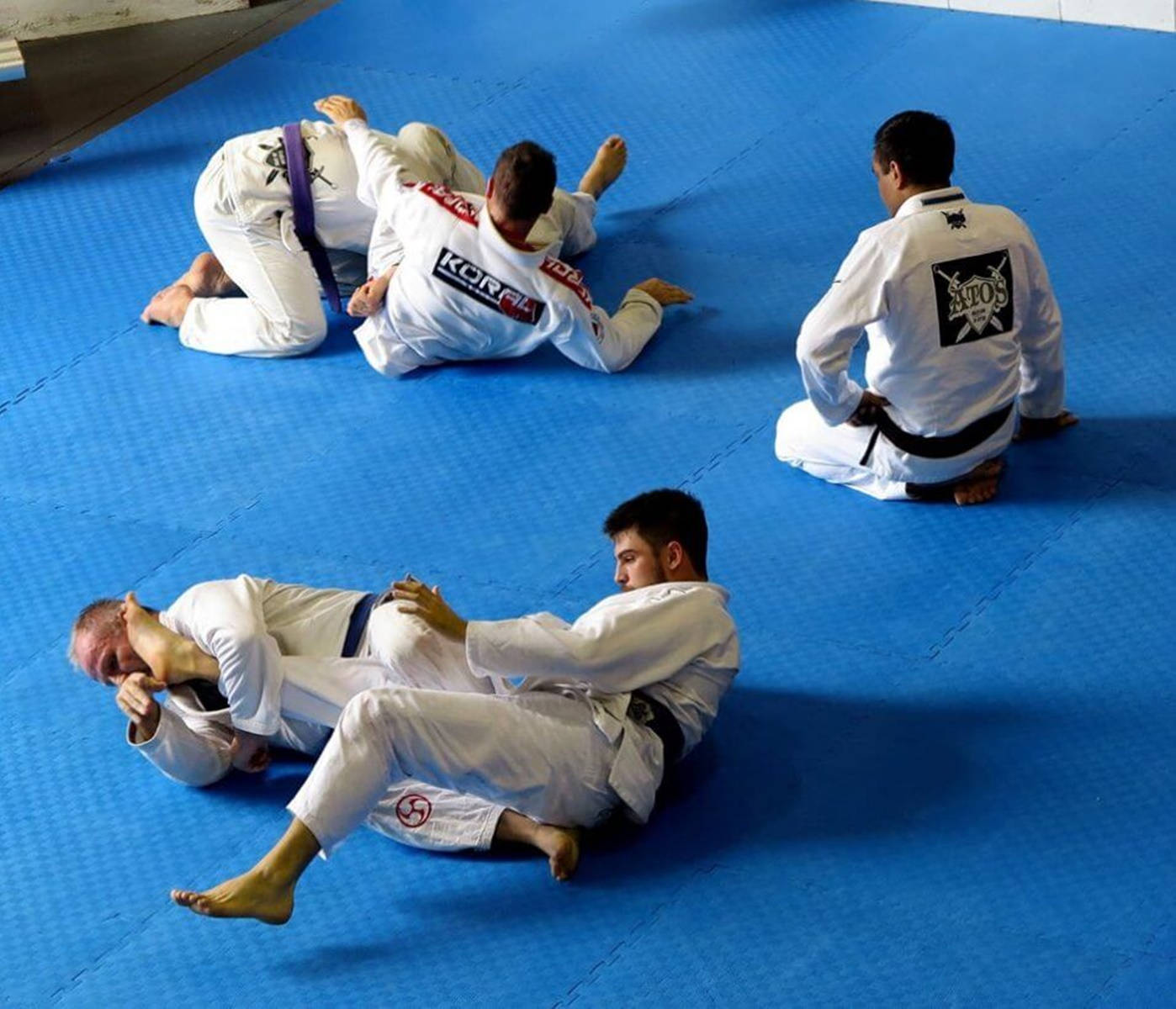 Brazilian Jiu-jitsu, white gi uniforms, bright blue mats, HD Desktop Wallpaper