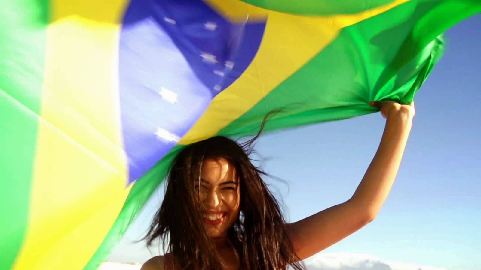 Brazilian Woman, Brazilian flag, clear blue sky, HD Desktop Wallpaper