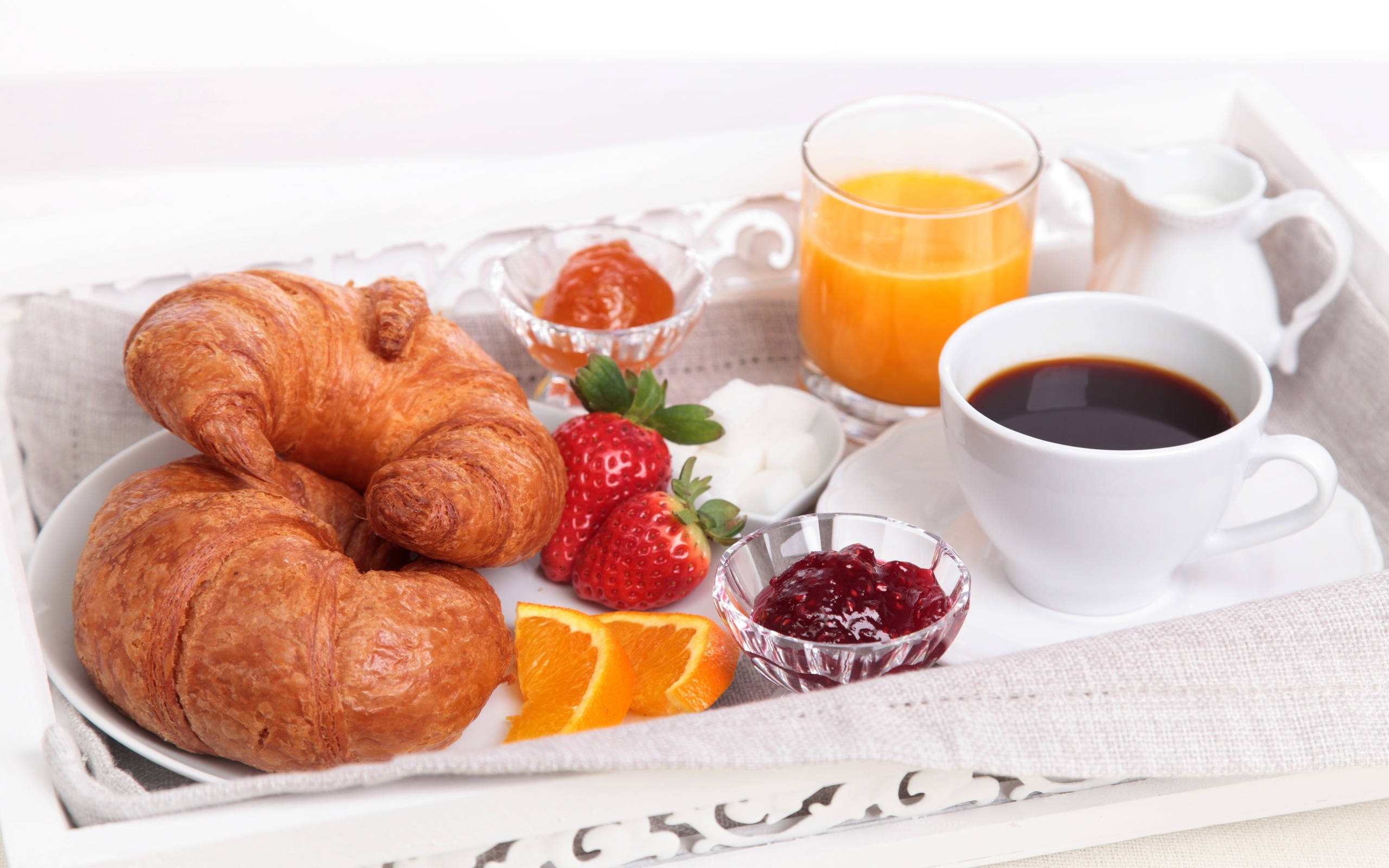 white tray, golden croissants, fresh strawberries, 2K Desktop Wallpaper