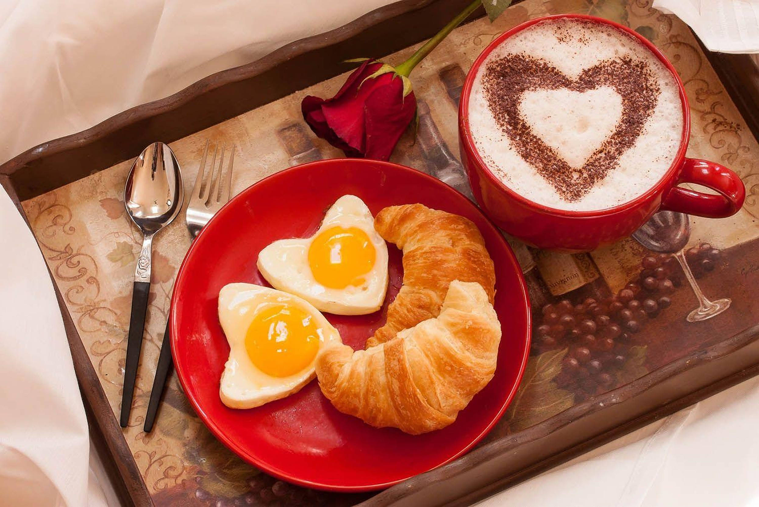 heart-shaped fried eggs, croissant, cappuccino, Full HD Desktop Wallpaper