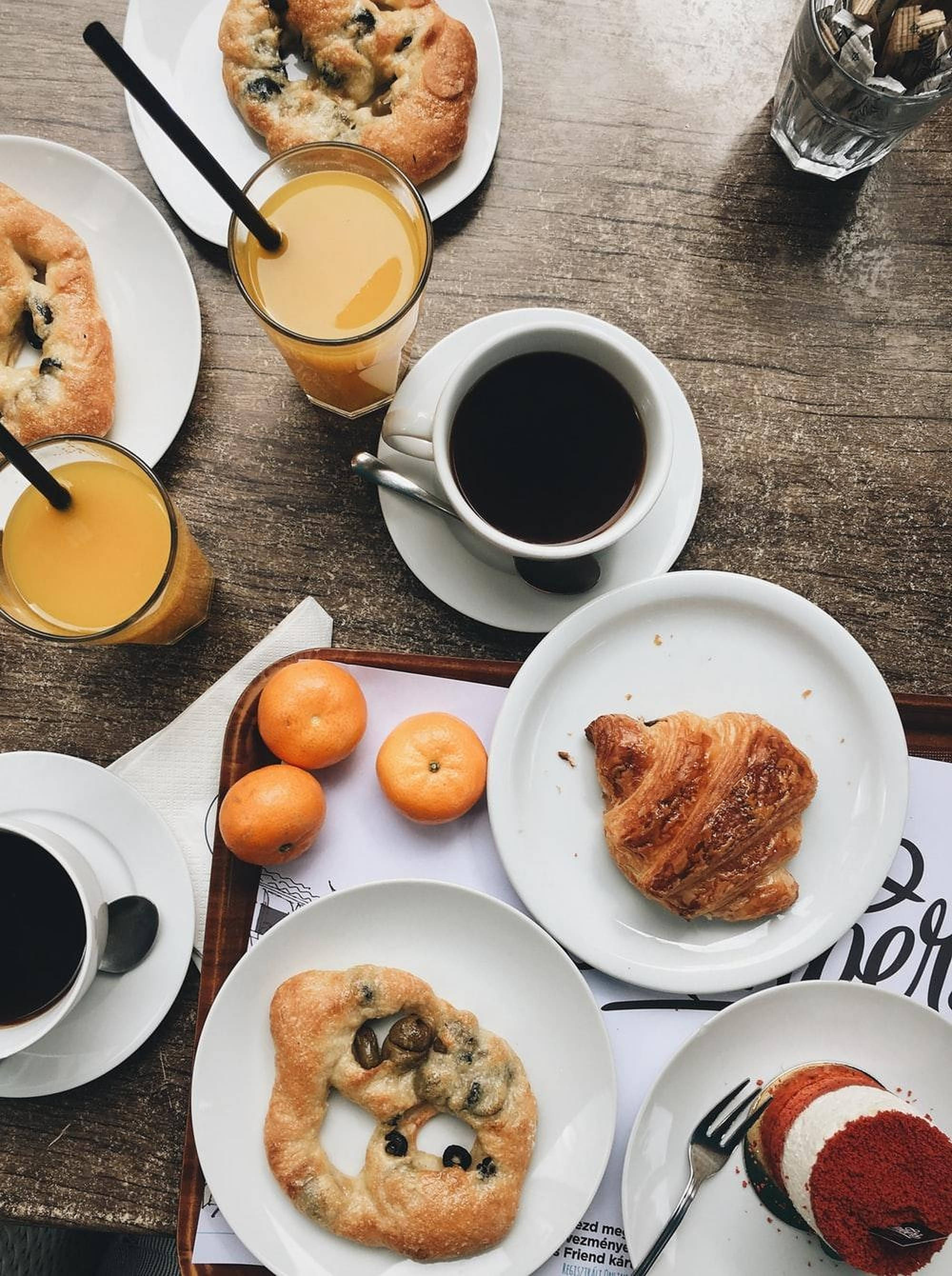 rustic wooden table, coffee, orange juice, 2K Phone Wallpaper