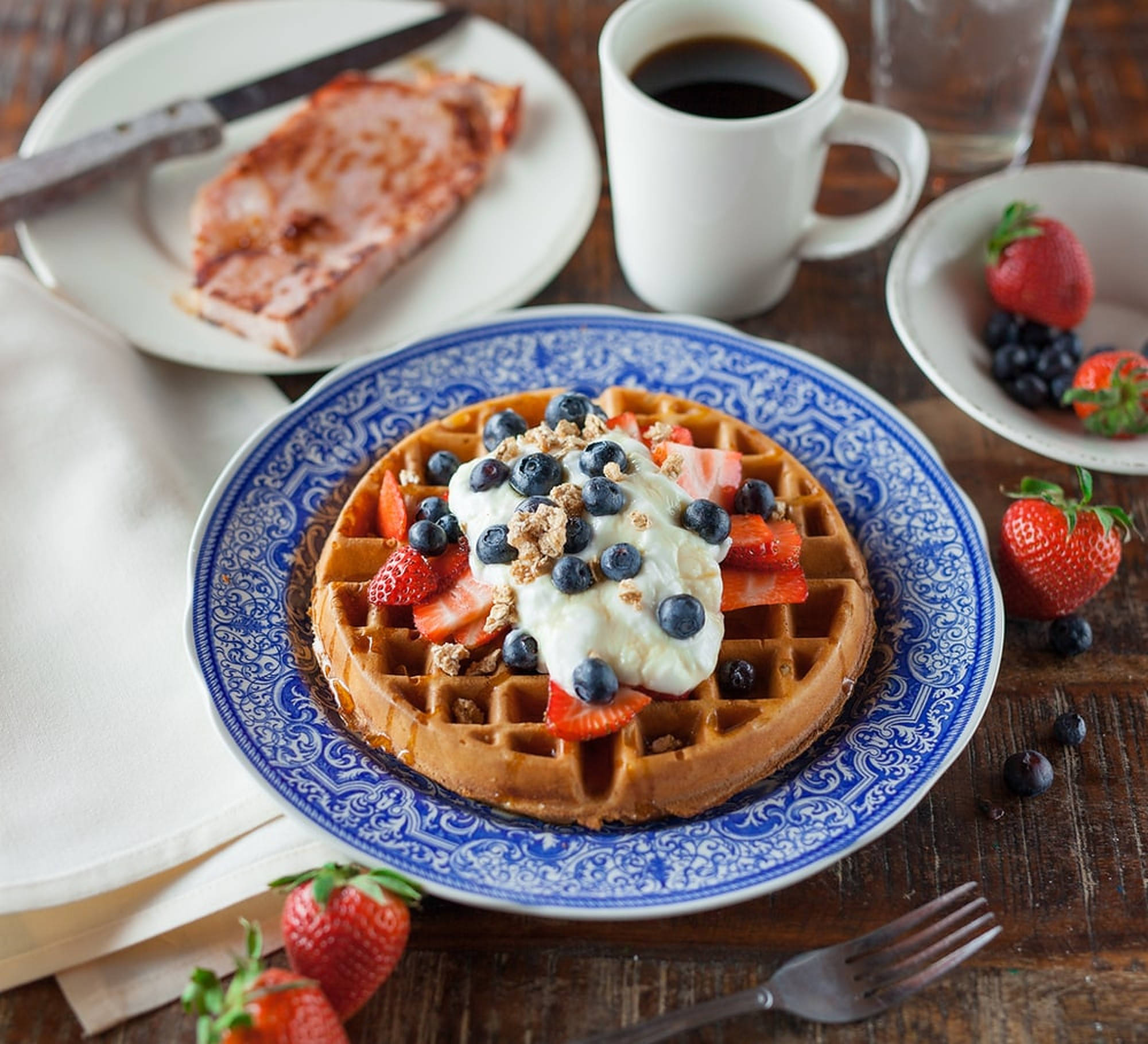 blueberries, waffle, yogurt, Full HD Desktop Wallpaper