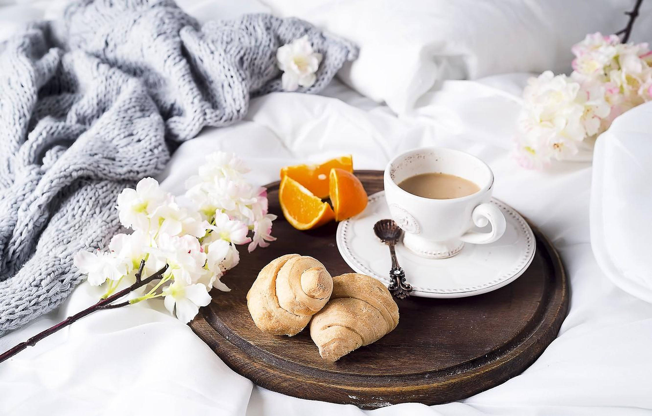 breakfast tray, croissants, orange slices, Full HD Desktop Wallpaper