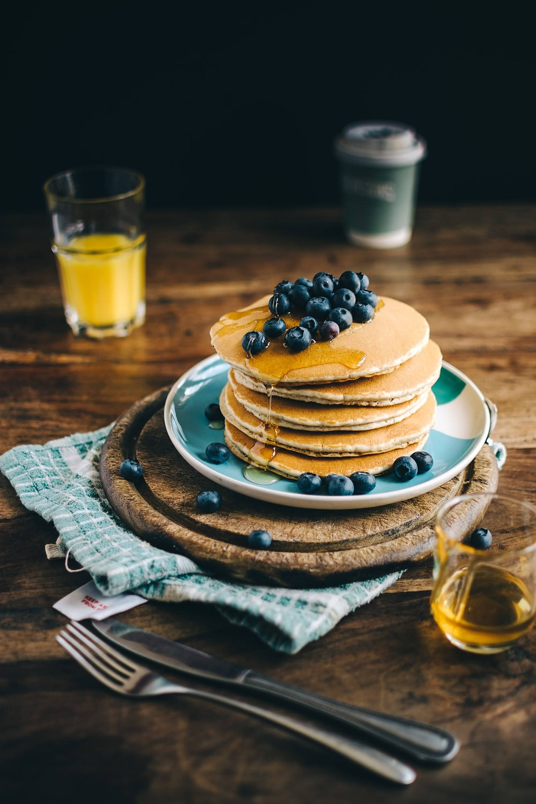 pancake, blueberries, syrup, 2K Phone Wallpaper