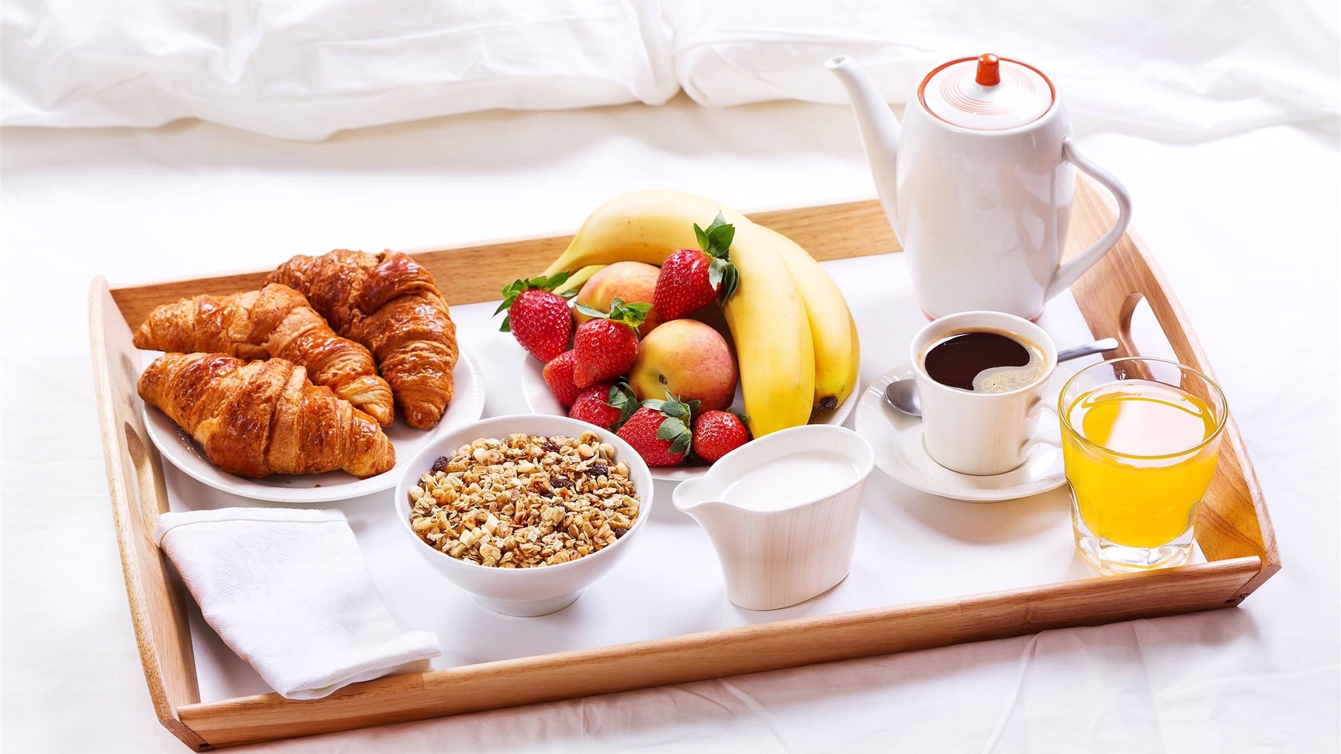 wooden tray, fresh croissants, fruit, 2K Desktop Wallpaper
