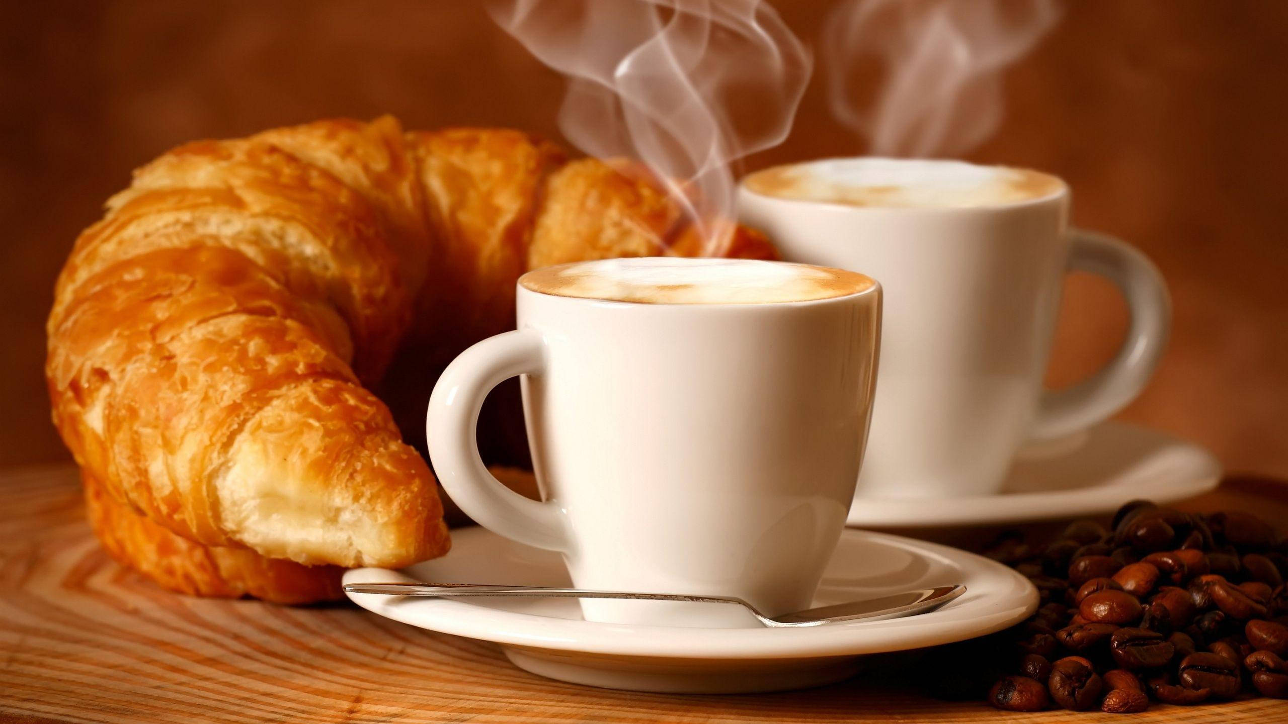 coffee, croissants, wooden table, 2K Desktop Wallpaper