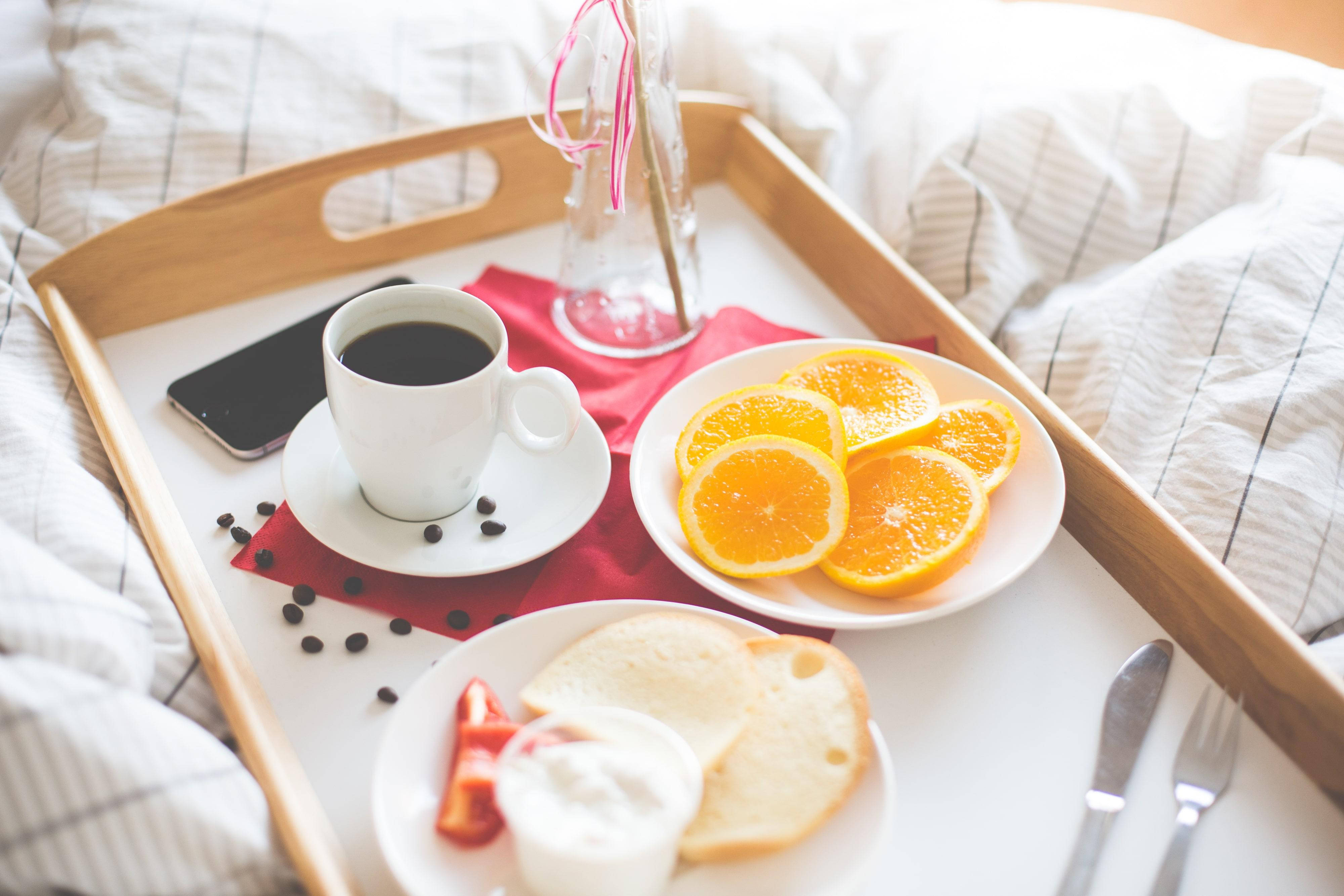 Vintage Hue Breakfast, wooden tray, coffee, 4K Desktop Wallpaper