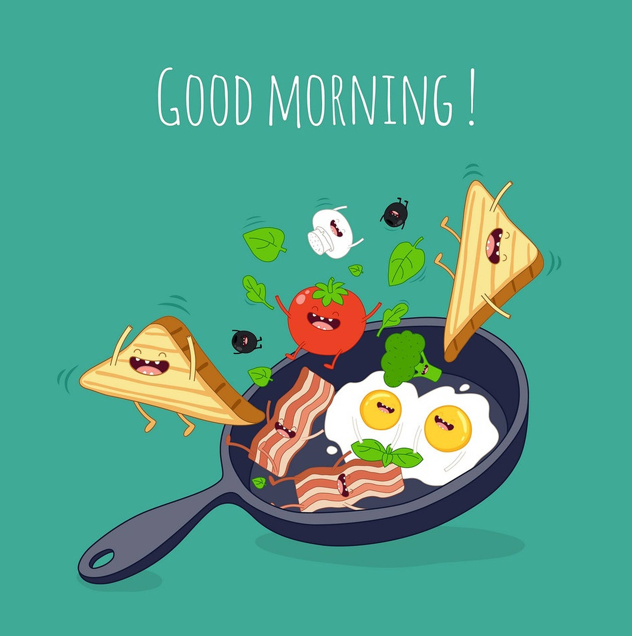 Good Morning Breakfast, frying pan, teal background, Full HD Phone Wallpaper