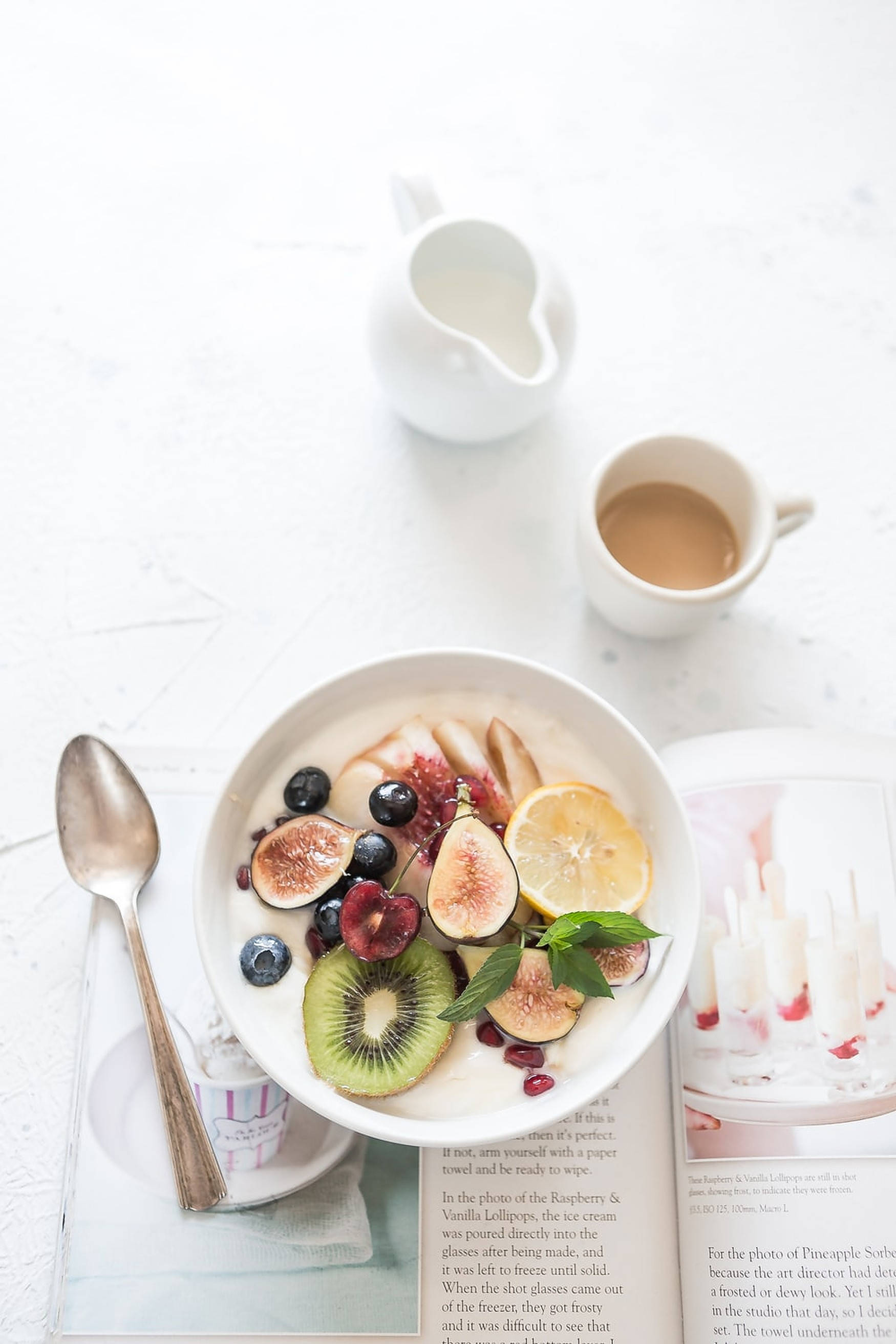 white aesthetic breakfast, creamy breakfast bowl, sliced figs, 2K Phone Wallpaper