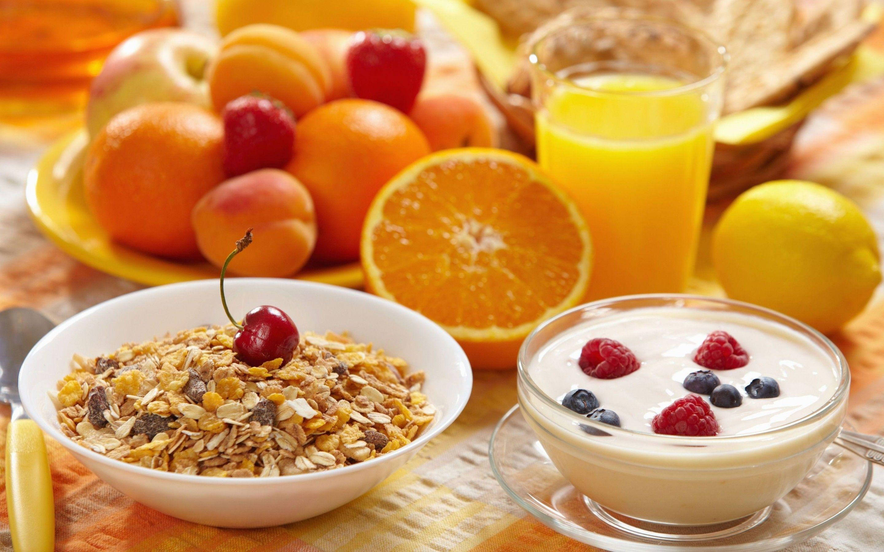 orange juice, granola, cherry yogurt, 2K Desktop Wallpaper