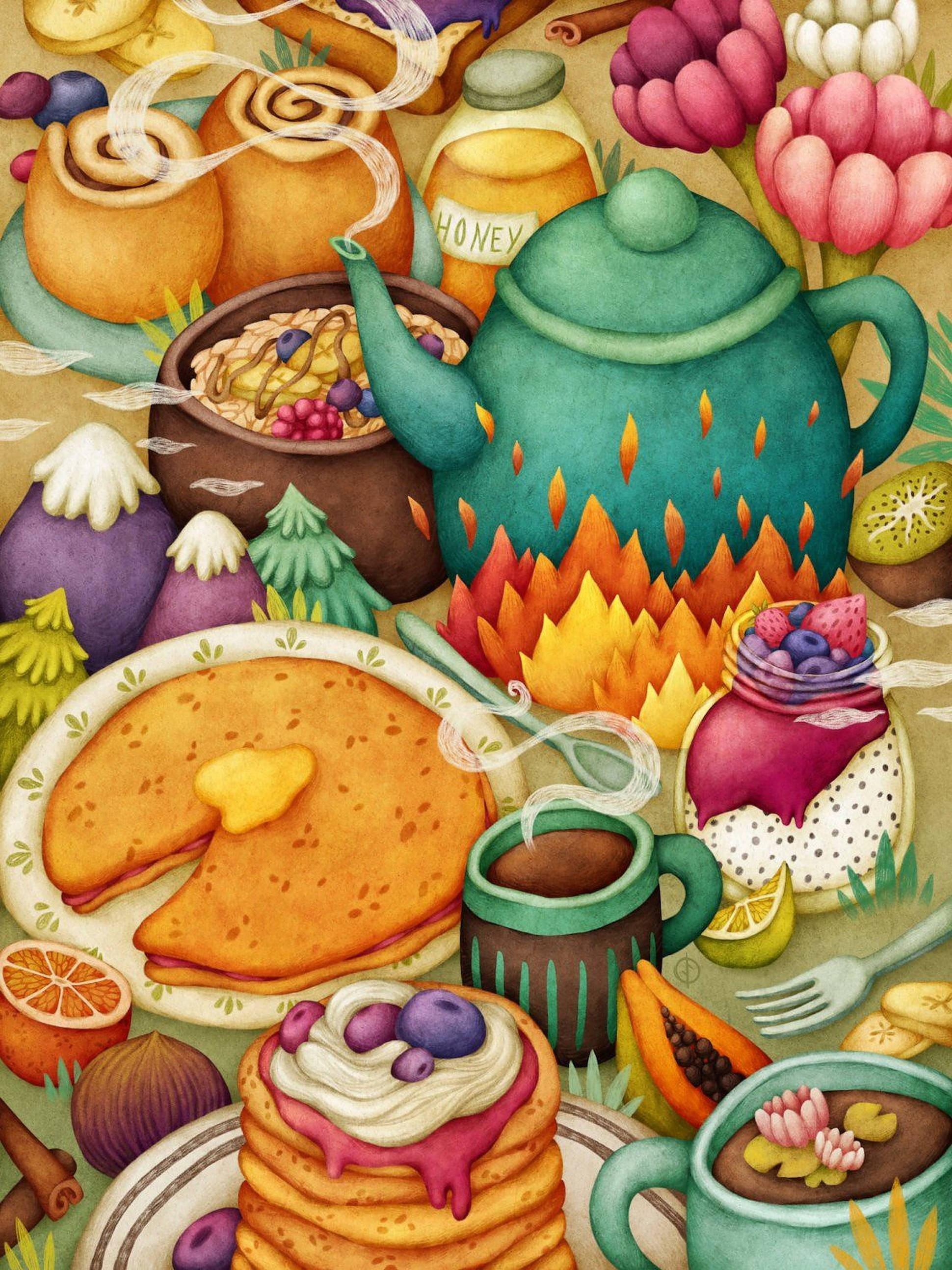 colorful breakfast art, whimsical watercolor illustration, cozy breakfast spread, 2K Phone Wallpaper