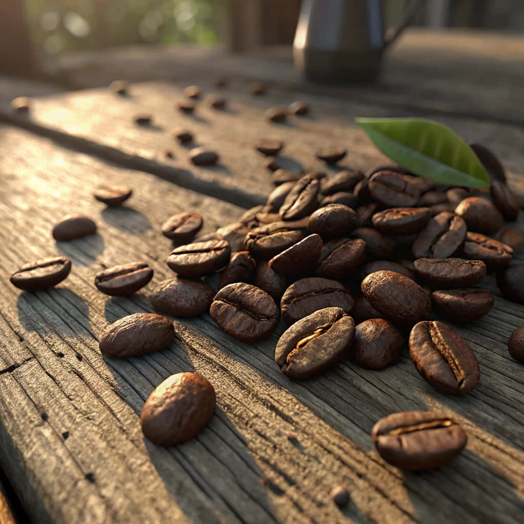 roasted coffee beans, rustic wooden table, warm sunlight, SD Desktop Wallpaper