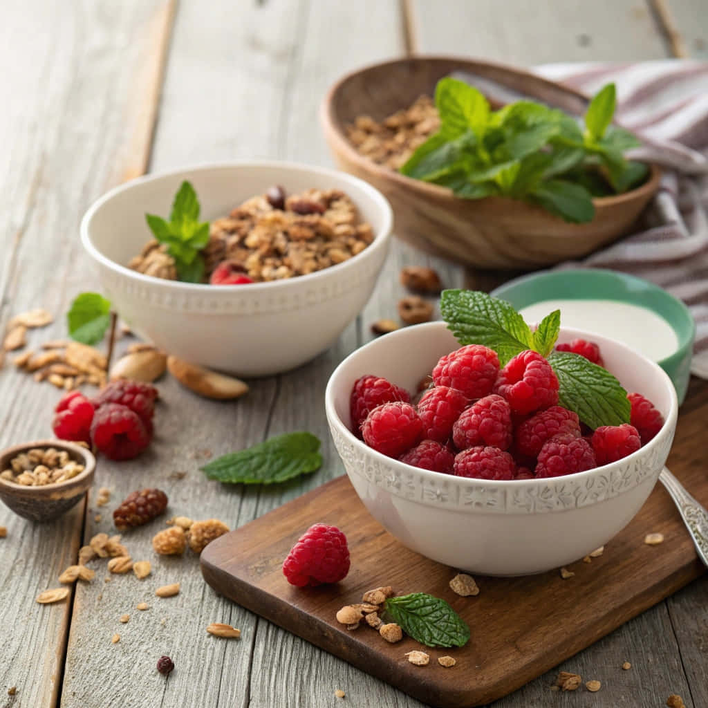 fresh raspberries, granola, mint, SD Desktop Wallpaper
