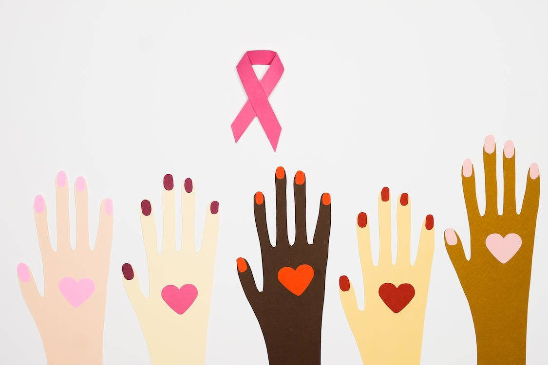 women hands, pink ribbon, hearts on palms, SD Desktop Wallpaper