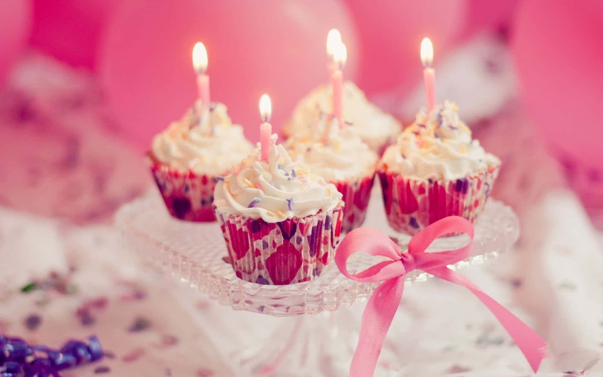 pink ribbon, birthday cupcakes, glass stand, Full HD Desktop Wallpaper