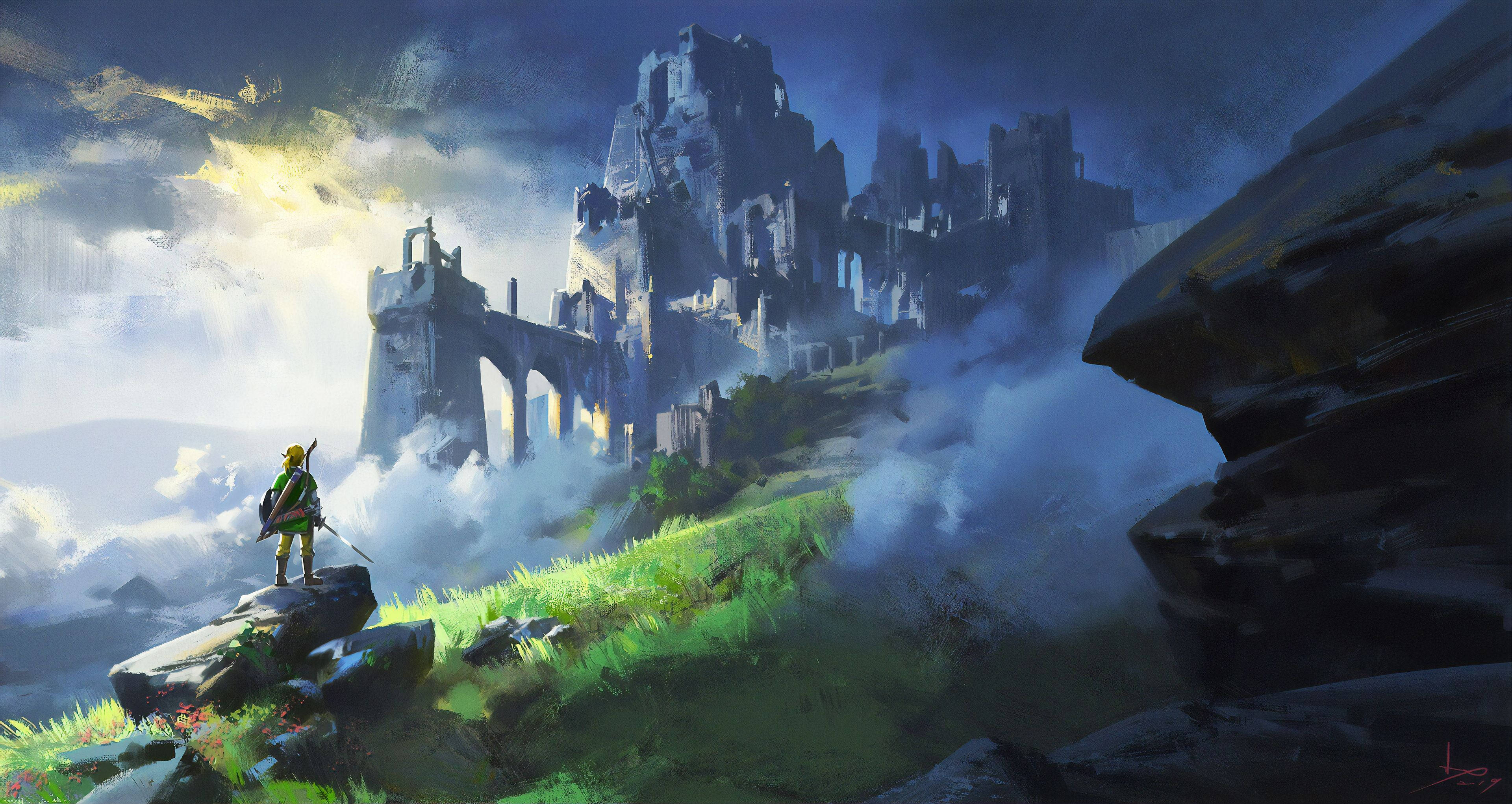 Breath of The Wild, ancient castle, grassy cliff, 4K Desktop Wallpaper