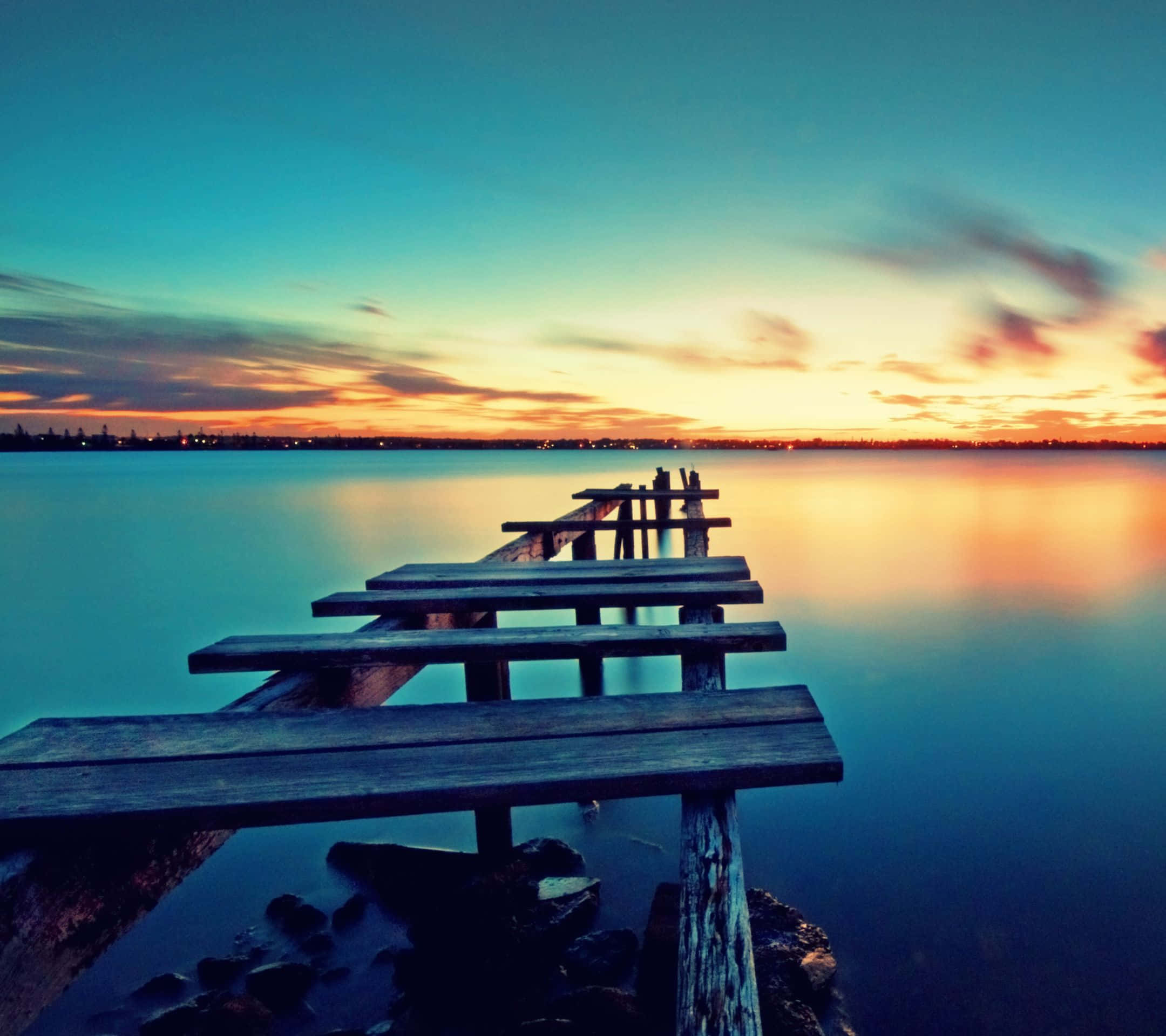 wooden pier, calm water, vibrant sunset sky, Full HD Desktop Wallpaper