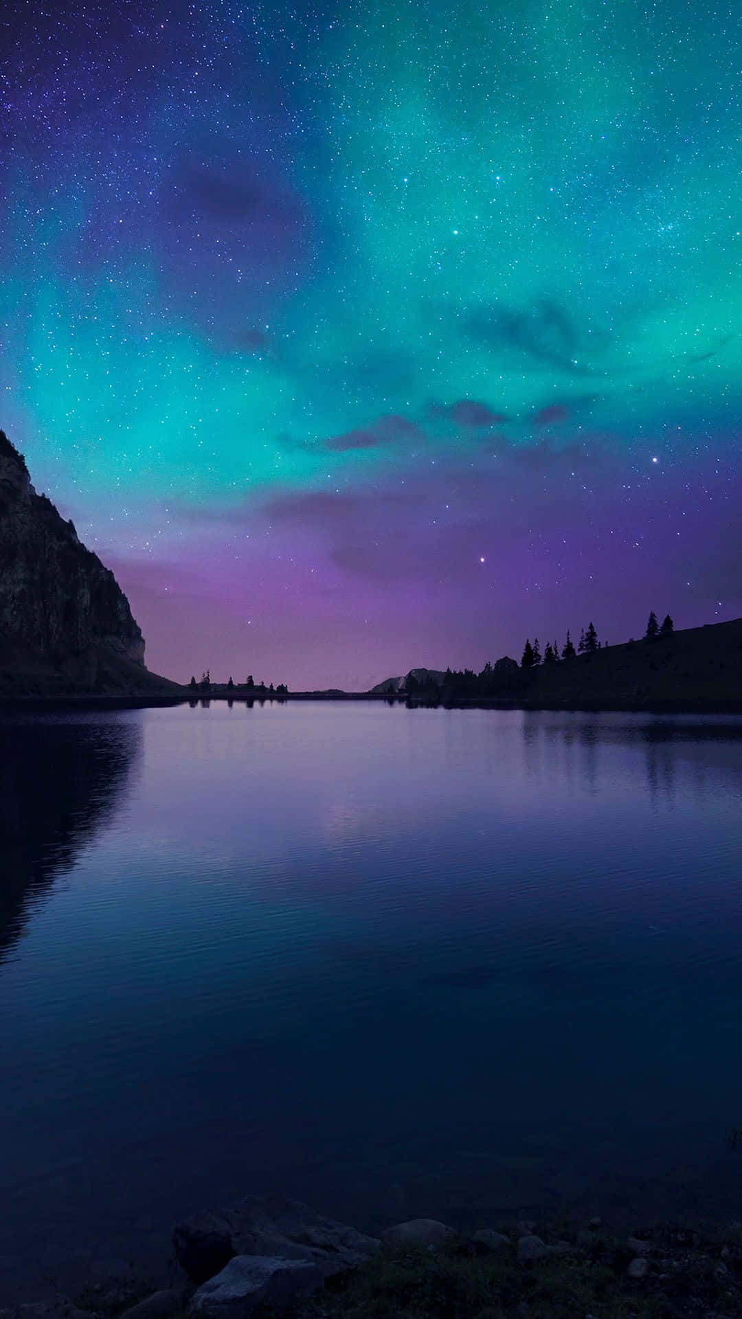 aurora borealis, starry purple and teal night sky, serene lake, Full HD Phone Wallpaper
