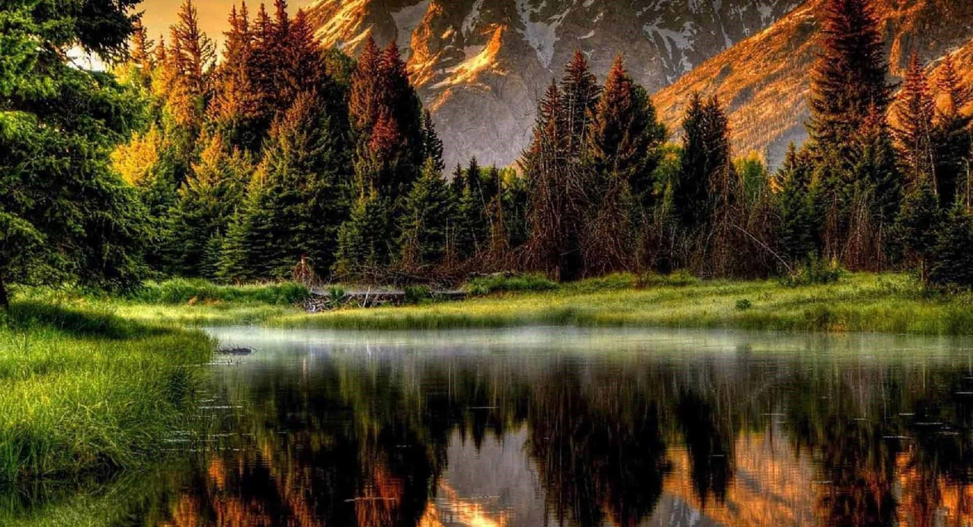 Majestic Mountains, misty mountain lake, golden peaks, Full HD Desktop Wallpaper