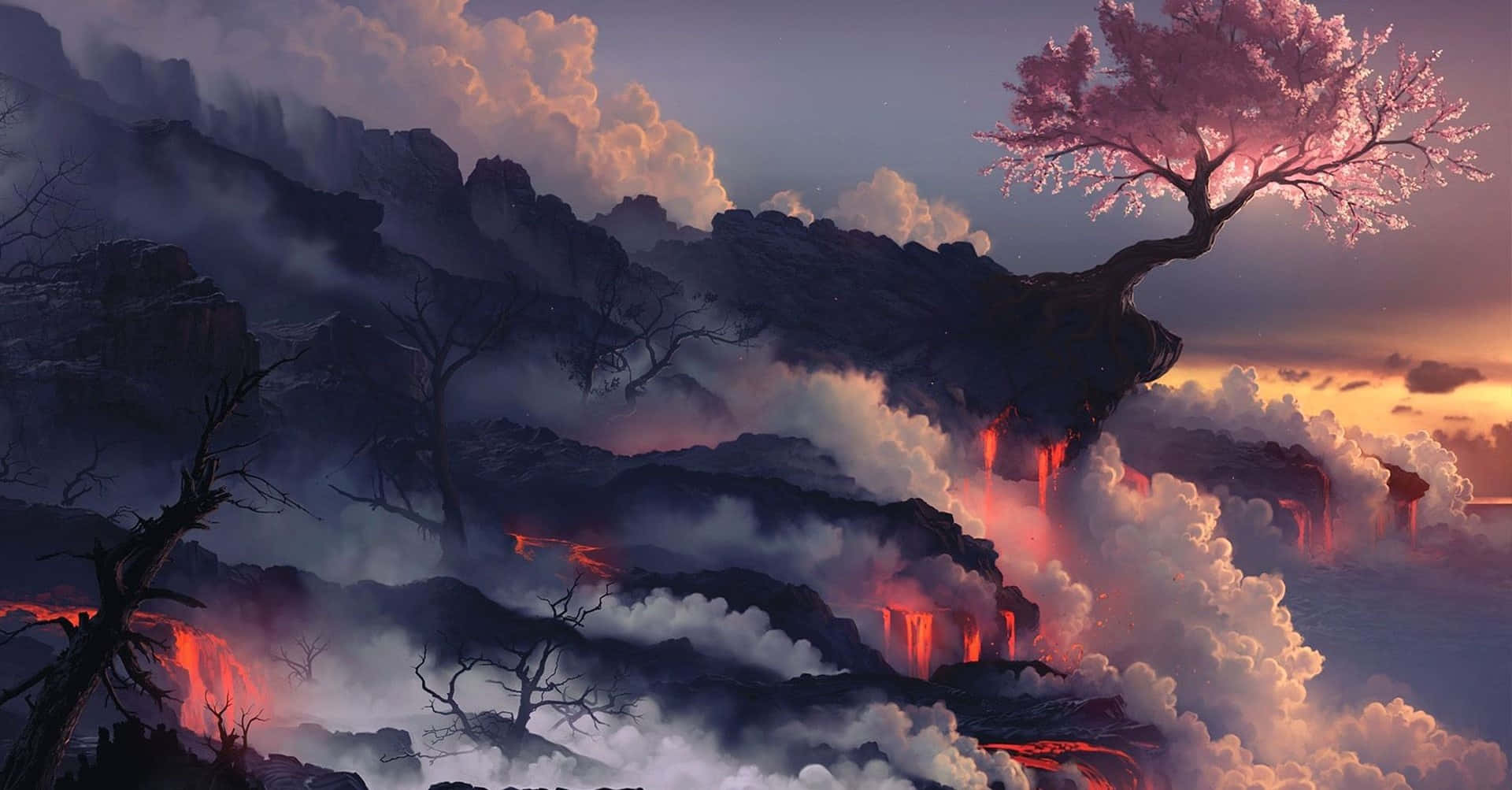 pink cherry blossom tree, cliff, fiery volcanic landscape, Full HD Desktop Wallpaper