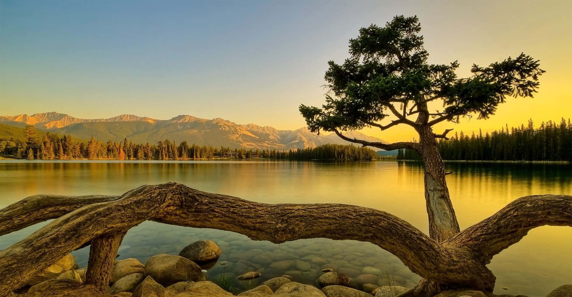 sunset, calm lake, mountain landscape, Full HD Desktop Wallpaper