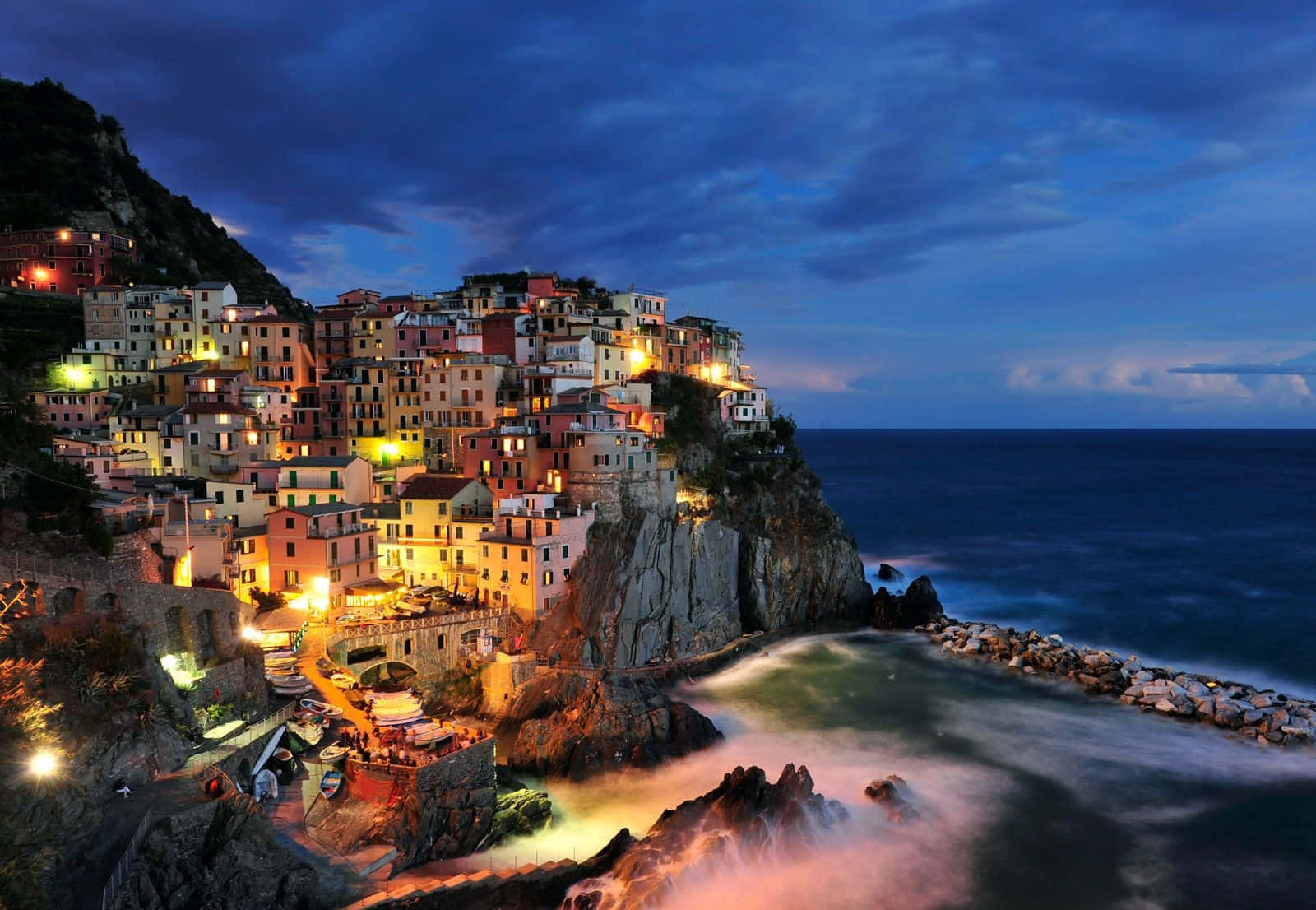 cliffside village, warm lights, deep blue twilight sky, HD Desktop Wallpaper