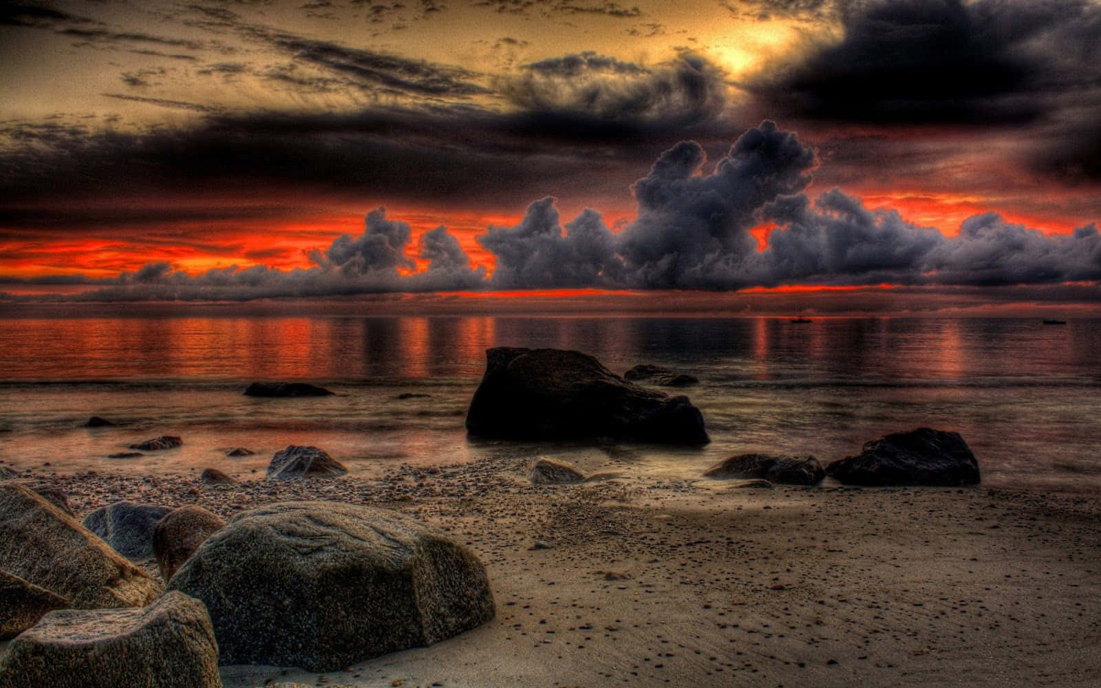 Sunset, rocky beach, fiery orange clouds, HD Desktop Wallpaper