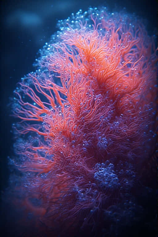 neon coral polyps, glowing orange tendrils, blue bubbles, SD Phone Wallpaper