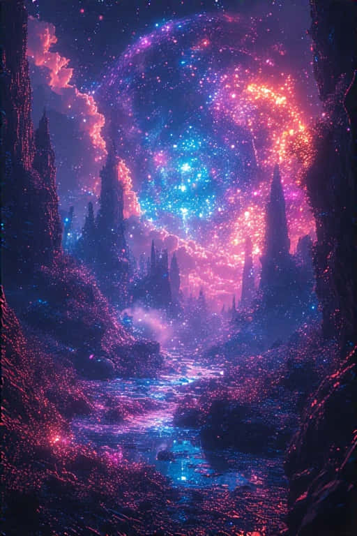 neon landscape, vivid blues, pinks, SD Phone Wallpaper