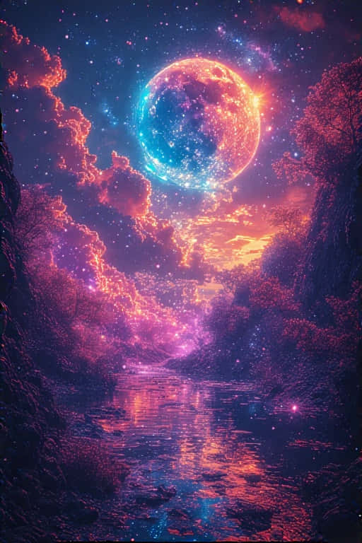cosmic sphere, blue and orange light, starry canyon, SD Phone Wallpaper