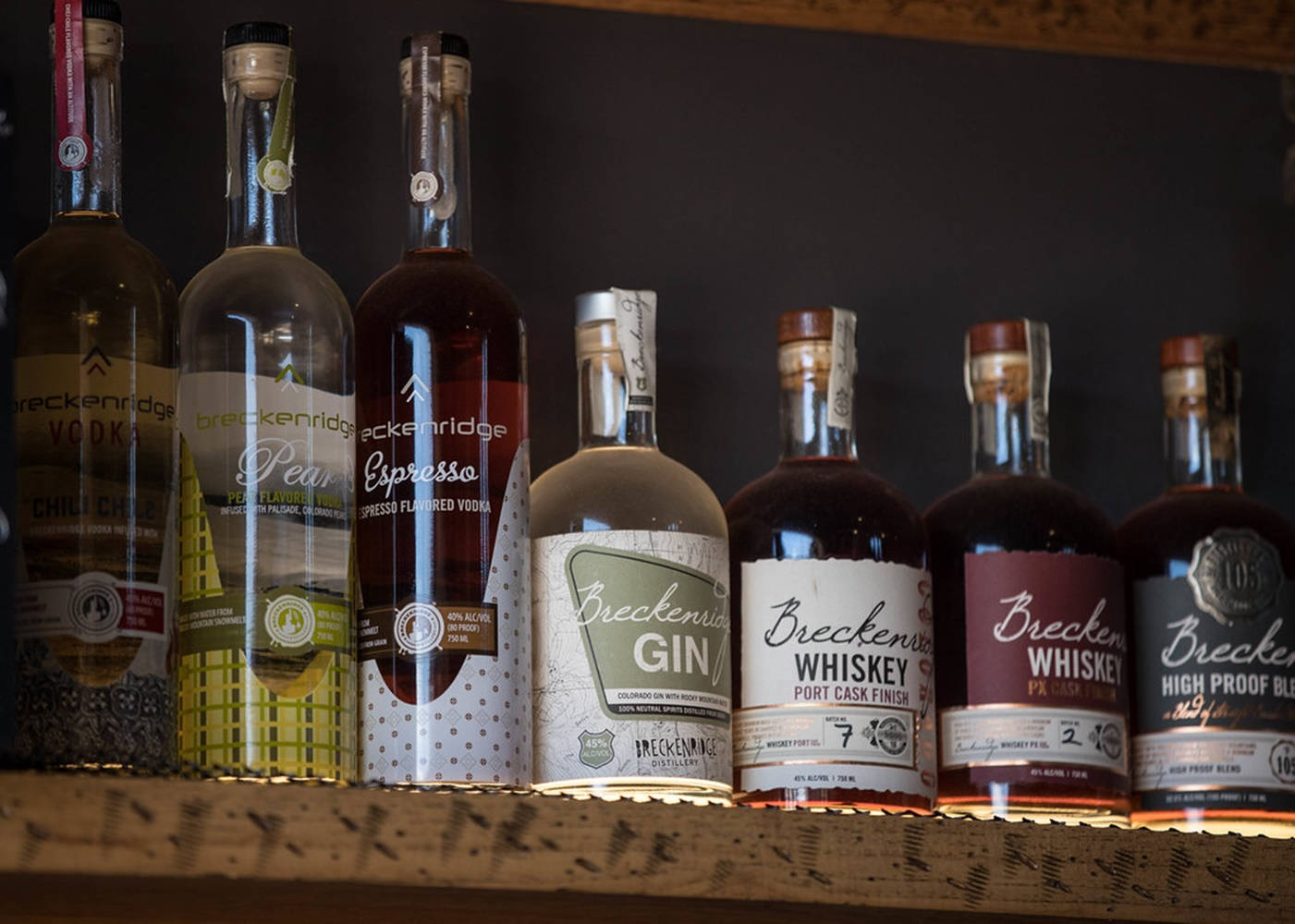 Breckenridge Distillery, liquor bottles, rustic wooden shelf, HD Desktop Wallpaper
