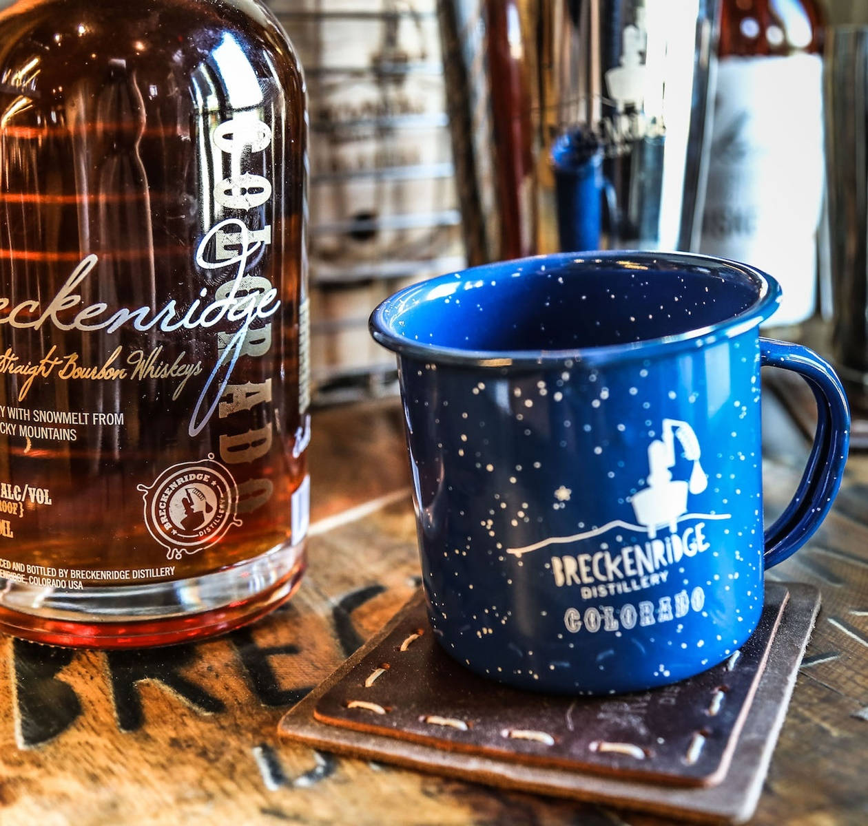 Breckenridge Distillery, blue speckled mug, Breckenridge Distillery logo, SD Desktop Wallpaper